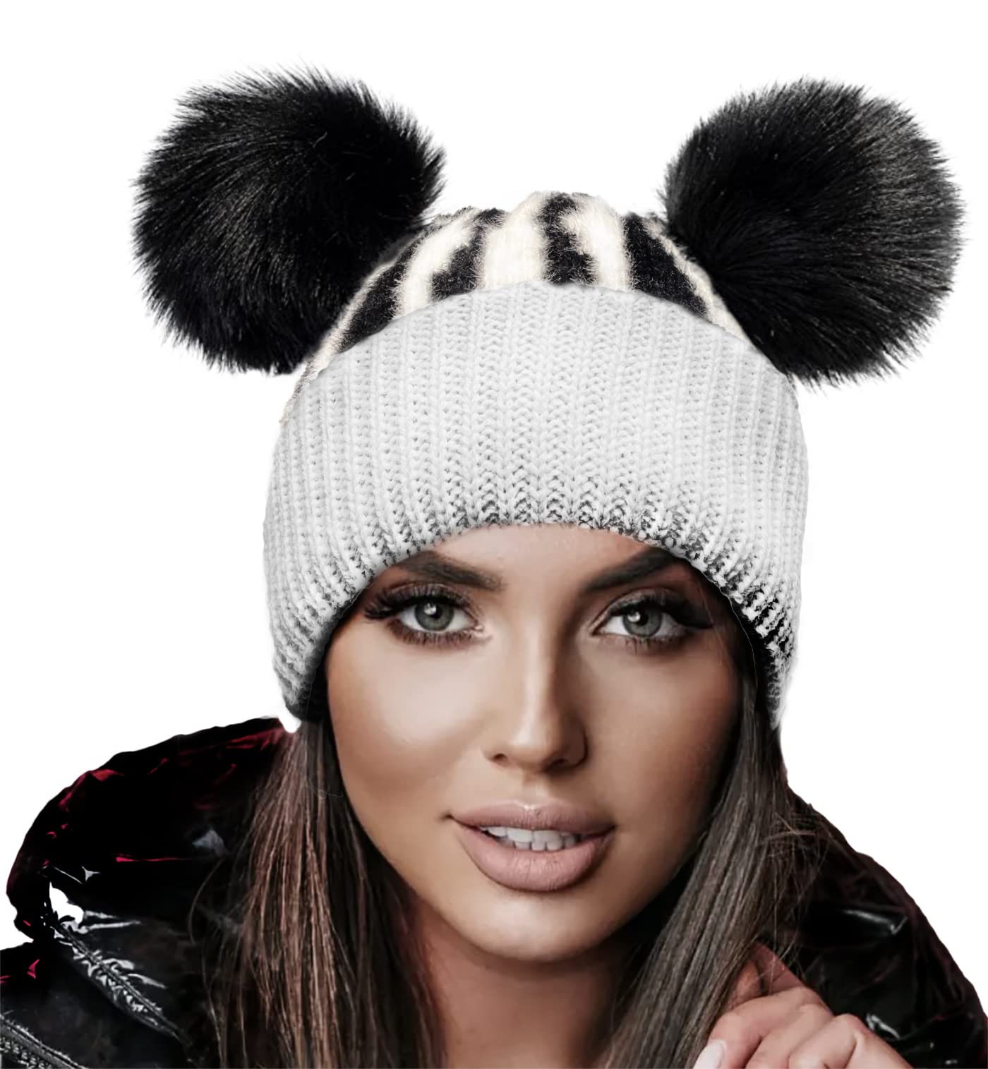 4sold Miki Colour Womens Girls Winter Hat Wool Knitted Beanie with Double Pom Pom Cap Ski Snowboard Bobble White