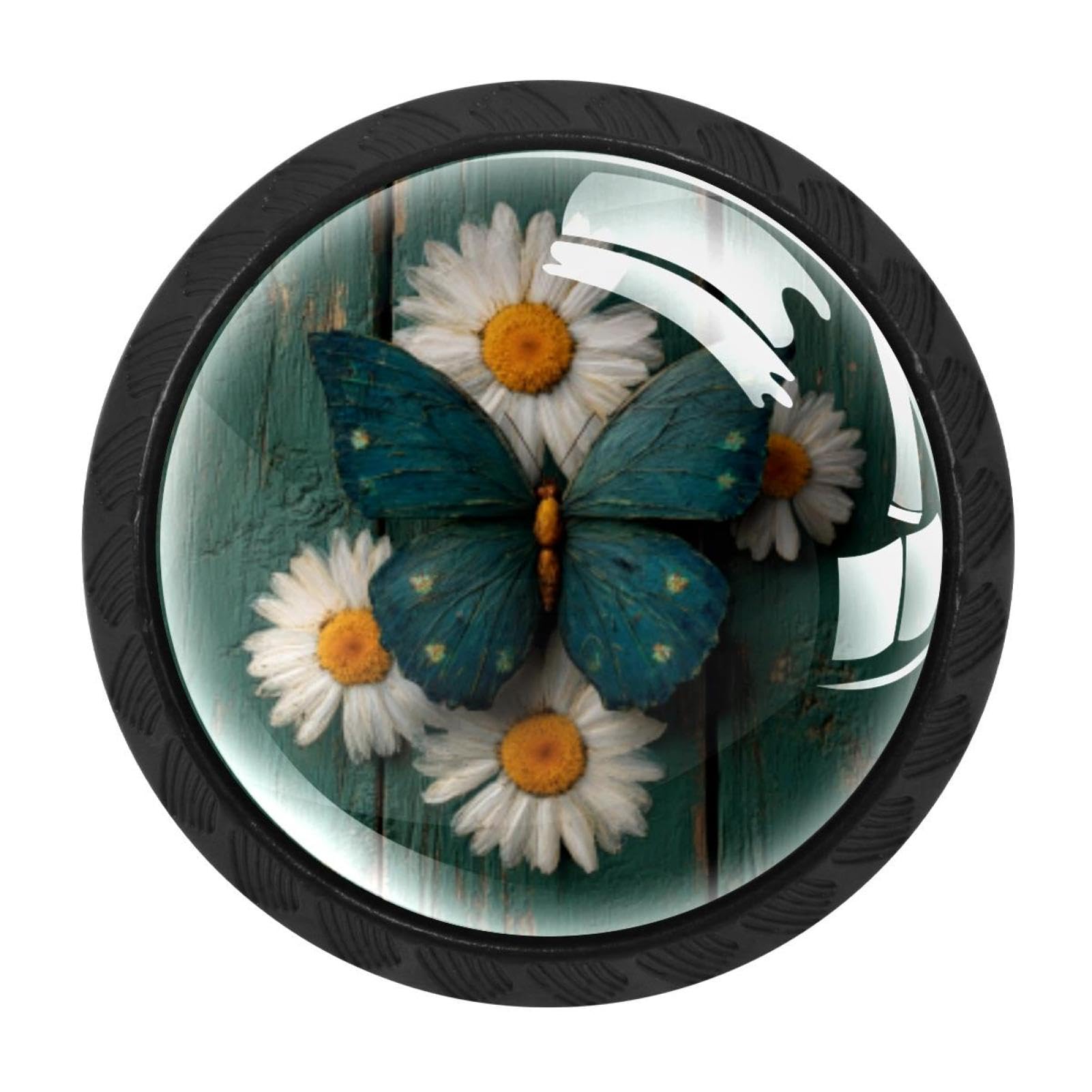 CHENZZZZ 4 Pcs Daisy Butterfly on Rustic Teal Wooden Cabinet Knobs Single Hole White Dresser Drawer Knobs Round Decorative Hardware Pulls Handles for Bathroom Kitchen Furniture