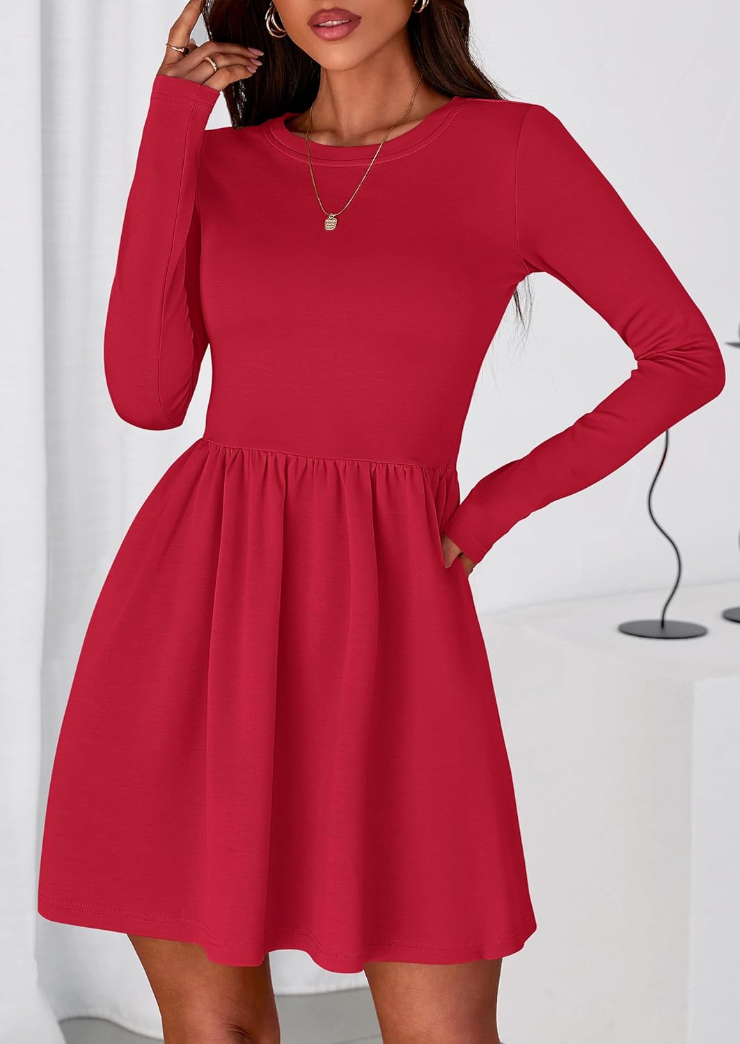 PRETTYGARDEN Women's Long Sleeve Mini Dresses 2026 Spring Casual Pleated A Line Party Cocktail Short Babydoll Dress Pocket - Image 5