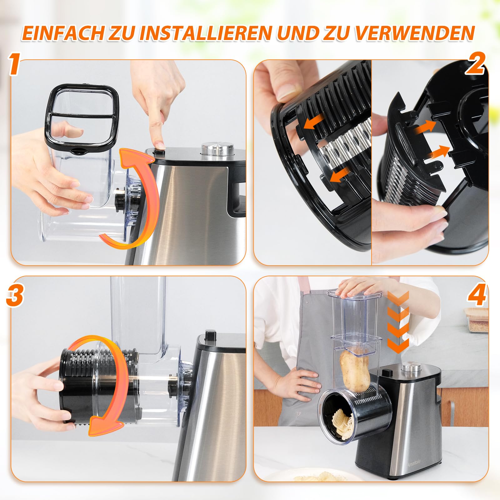 Anatole 6 in 1 Gemüseschneider Elektrisch Gemüsehobel Käsereibe Edelstahl | Schneiden& Reiben& Mahlen Multifunktional, 6 Klingen, Großkaliber, 250W, für Kartoffeln Karotten Zwiebeln Küche Hause, 220V
