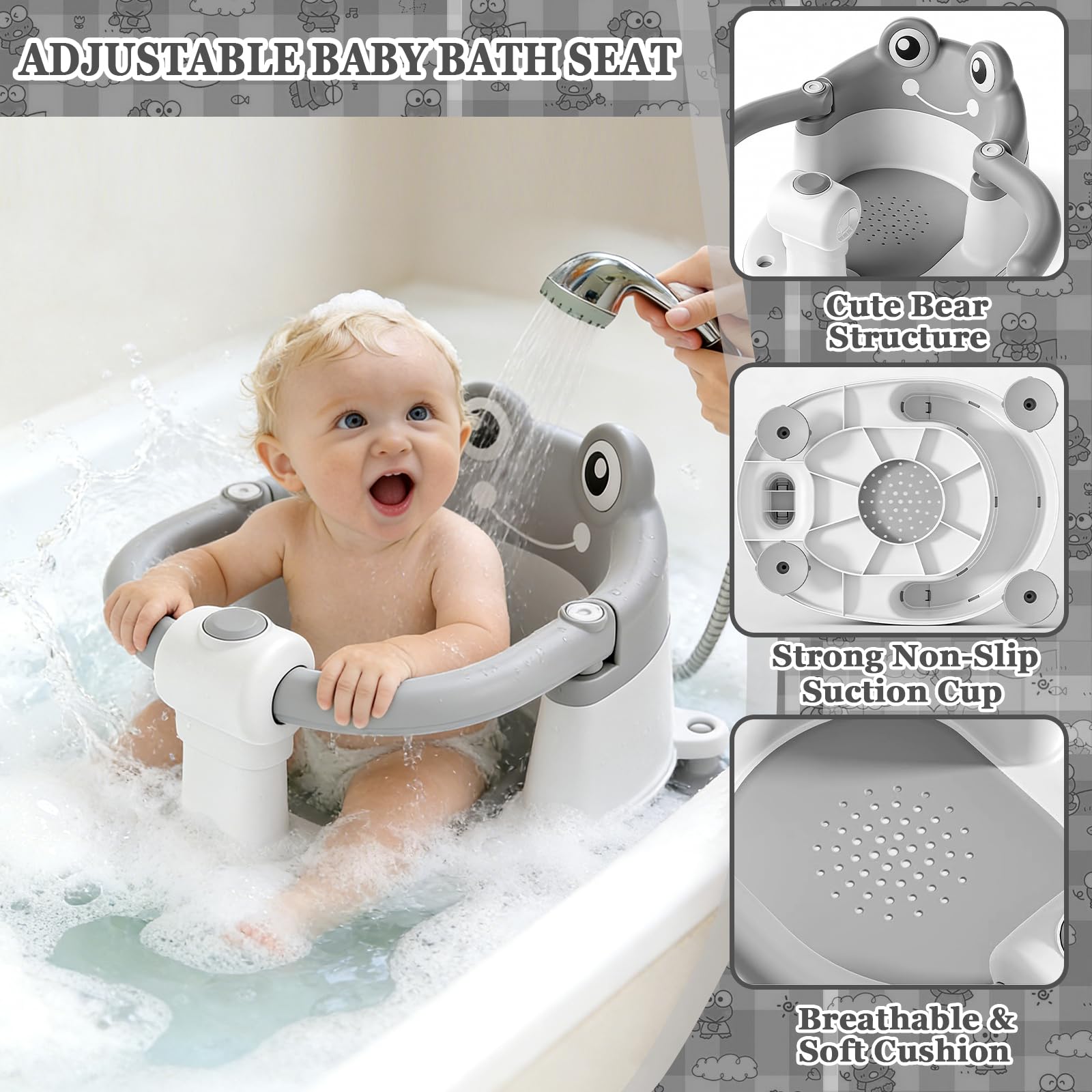 Bambino Seggiolino da Bagno,Seggiolino Doccia Bimbo,Seggiolino Vasca da Bagno Bambino,Seggiolino da Bagno con 4 Ventose,per Bambini a Partire da 6 Mesi per Doccia o Vasca da Bagno - Grigio