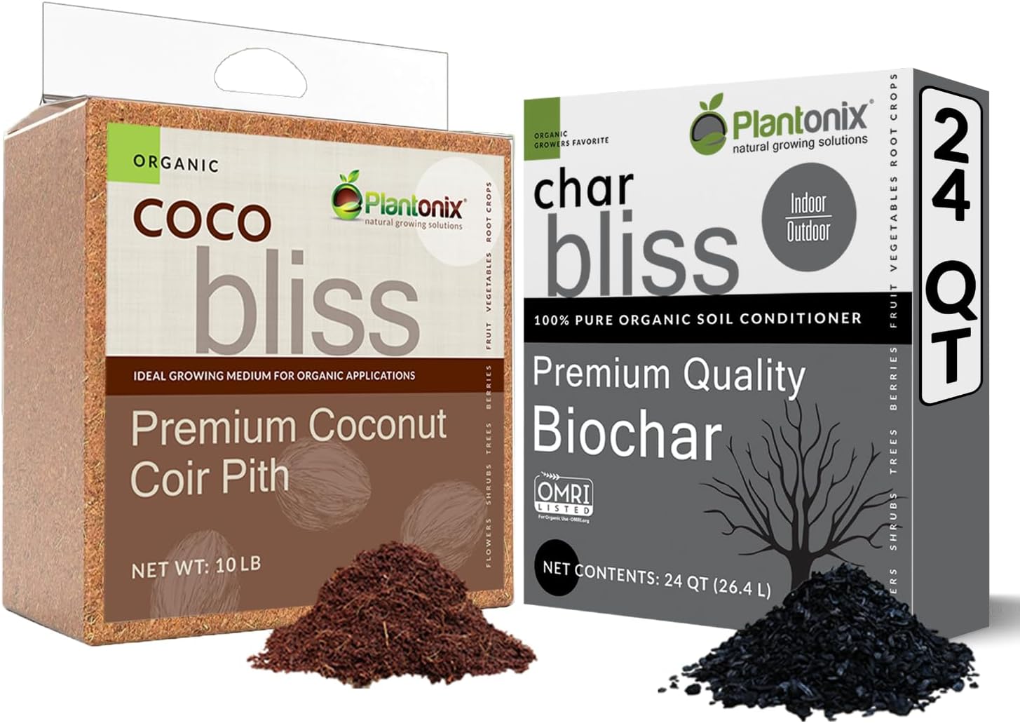 Coco Bliss (10lbs) + Char Bliss (24 Qts) - Coco Coir Brick & Organic Biochar for Plants - Organic Coco Coir for Plants - Biochar Soil Amendment - Charcoal for Plants - Garden Soil & Potting Soil Mix