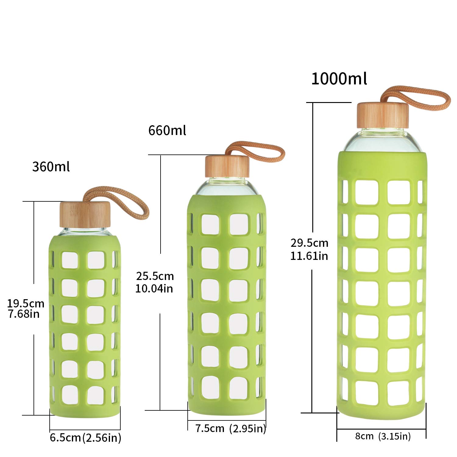Cleesmil Sports Glass Water Bottle with Silicone Sleeve with Bamboo Lid BPA Free 660 ml (Grass green) - Image 3