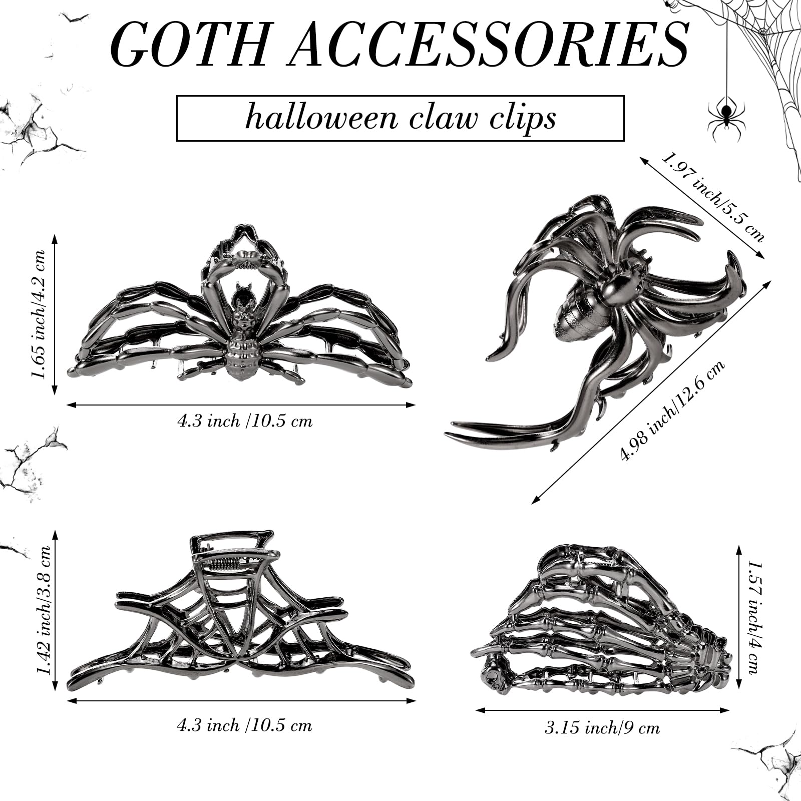 Obeoby 4 Pcs Metal Hair Clips for Women, Large Hair Claw Clips for Thick Long Hair Styling with Spider Webs Skeleton Decor, Goth Accessories Hair Accessories Birthday Valentines Day Gifts (Black)