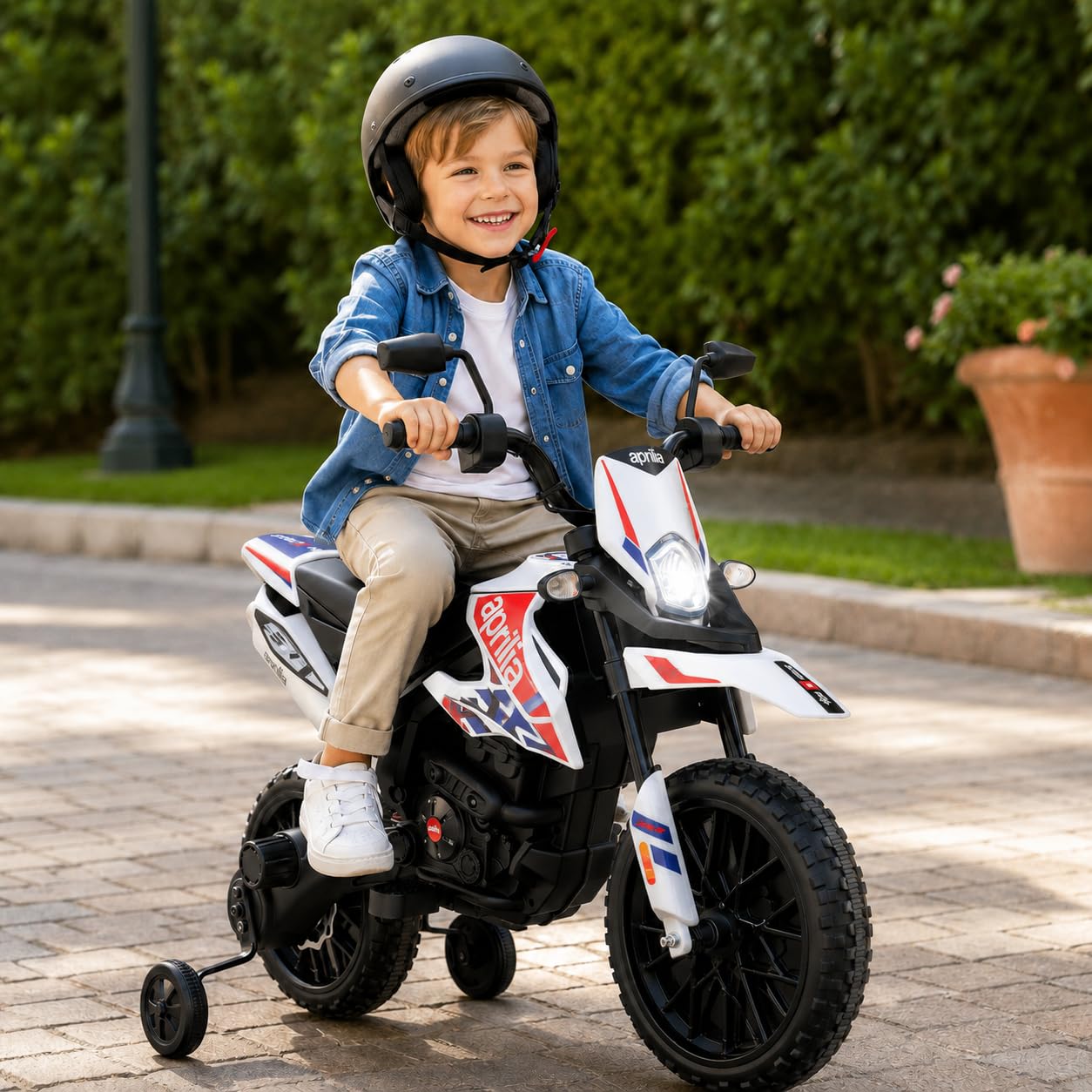 TOYSCAR Moto Elettrica Bambini Aprilia RX Mini Moto Cross SEDILI IN PELLE 3 Ruote Moto Bambini Motore Elettrico 12V Moto Per Bambini 1-4 Anni Luci Led BLUETOOTH Sospensioni A Molla