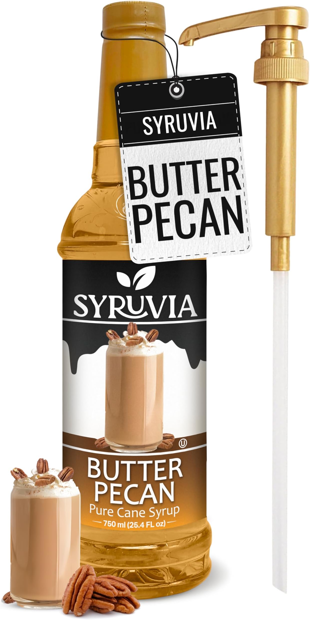 Syruvia Coffee Syrup, Butter Pecan Flavored Syrup for Drinks, Lattes, and Desserts – 25.4 fl oz, With Pump