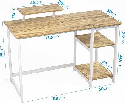 GreenForest Office Desk 120cm with Monitor Stand, Oak | Study Computer Desk, Reversible Storage Shelves, Space Saving, Easy Assembly, For Home and Small Spaces