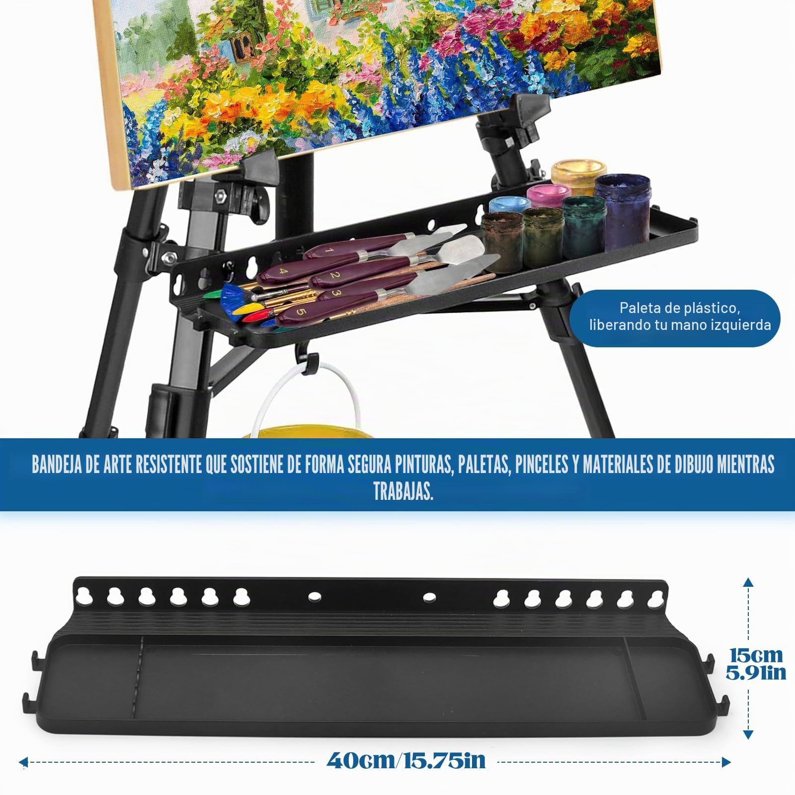 Caballete para Pintar y Exposición 50-157 cm con Manivela, Caballete Plegable de Hierro con Bolsa + 5 Espátulas de Acero, para Acrílico, Óleo y Acuarela (Negro)
