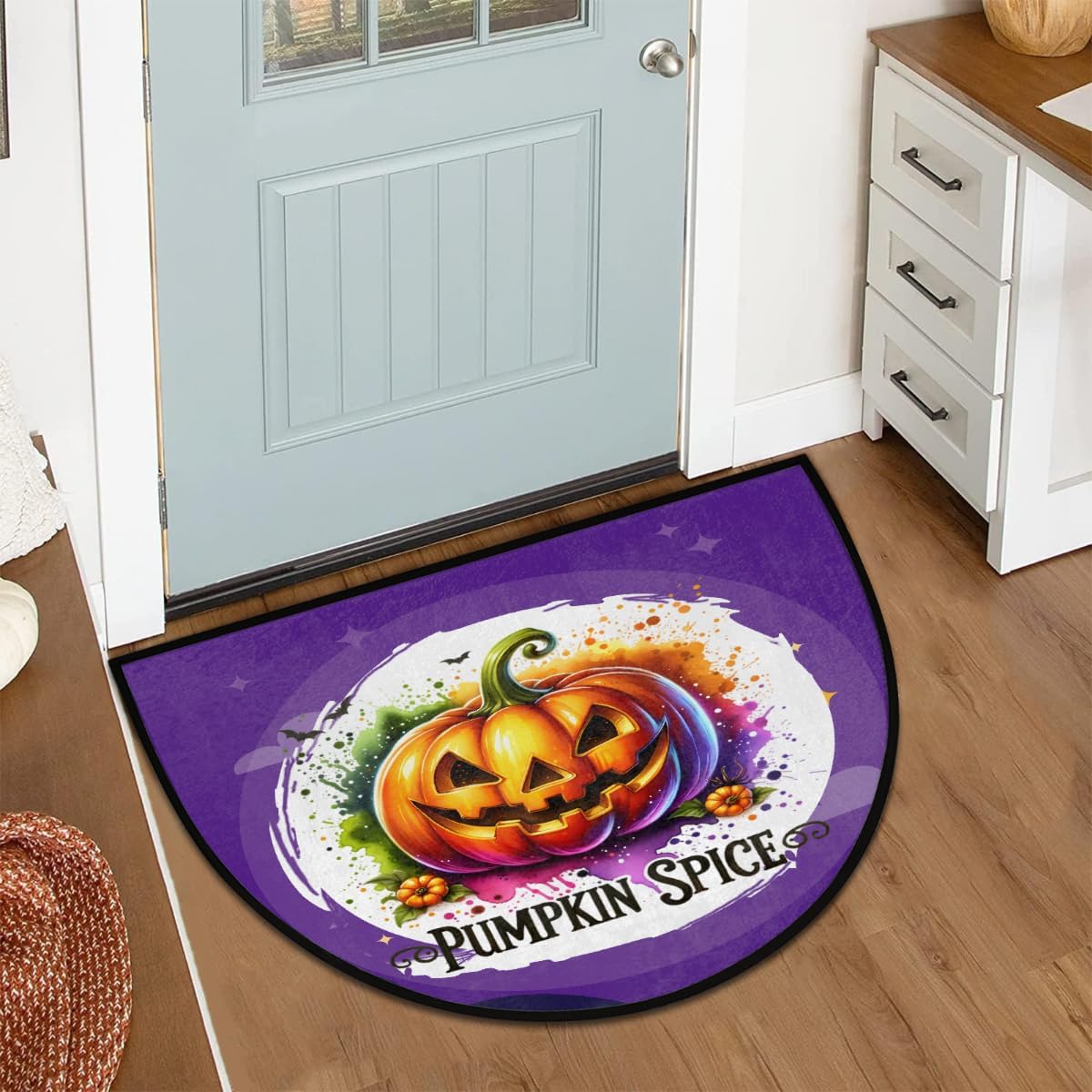 Half Round Door Mat Halloween Purple Pumpkin Non-Slip Soft Semi Circle Rug Washable Half Moon Welcome Entrance Doormat for Outdoor Indoor Floor Bedroom Bathroom Home Kitchen Festival Decor Gift