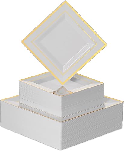 Miniatura 10 de BloominGoods 100 platos cuadrados desechables de plástico blanco, paquete de 100 platos cuadrados de plástico de 6.5 y 10 pulgadas con borde