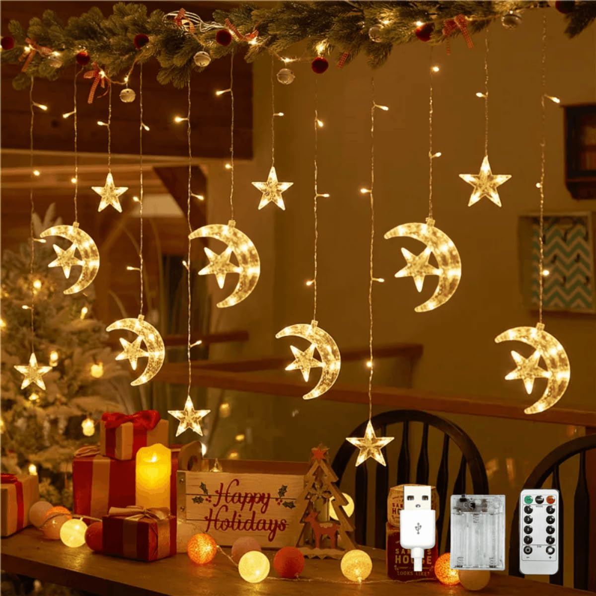 Lypumso Luces de Navidad LED, 3.5m Cortina de Luces Navidad Estrella Luna, 120LEDs Luces Navidad Ventana IP44 Pilas/USB con Control Remoto, para Decoracion Navidad, Fiesta, Ventana, Balcón, Jardin