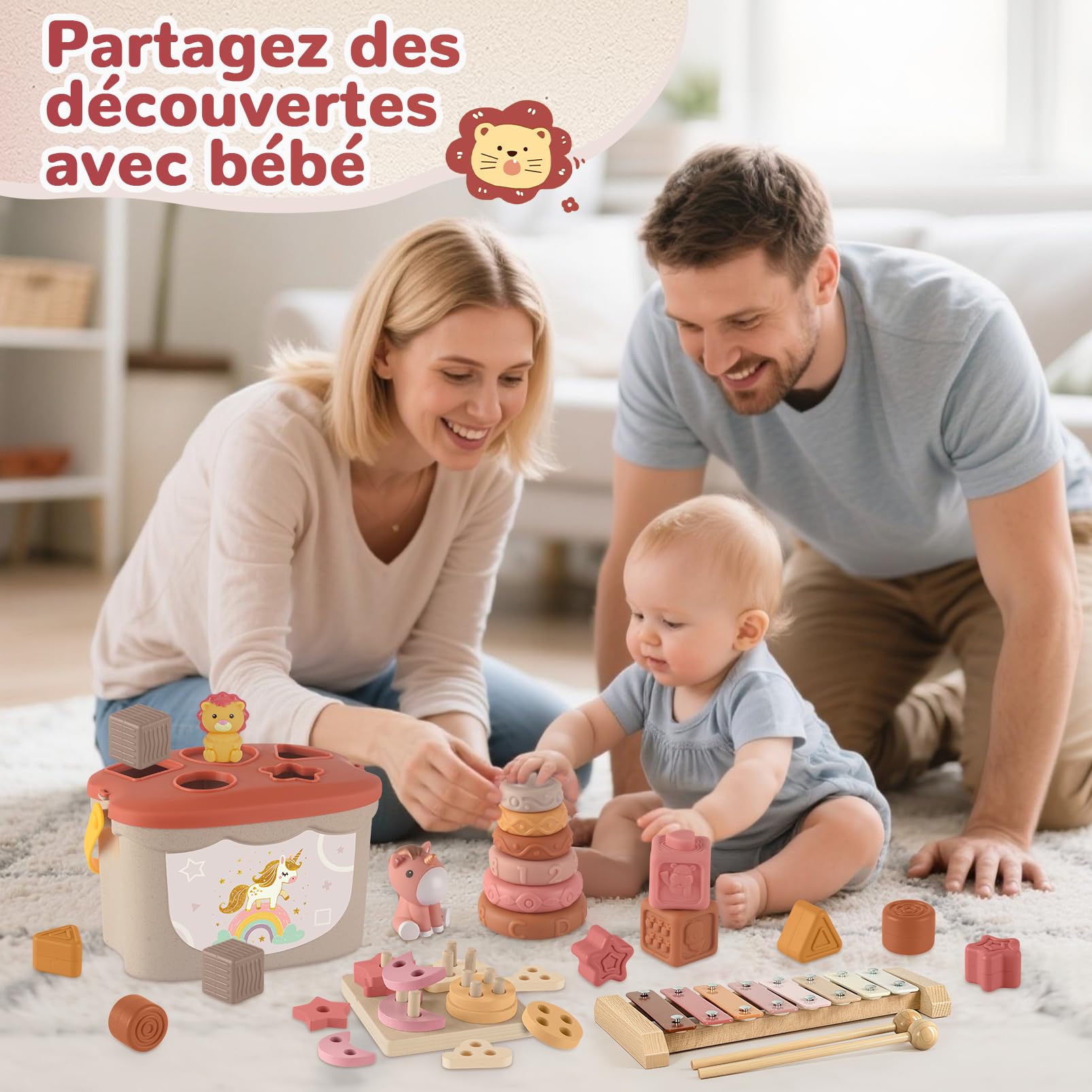 Jouet Bebe 6 Mois, 5-en-1 Jouet Montessori Bébé 6-12 Mois - Jeux d'eveil Bebe 6-12 Mois avec Xylophone en Bois, Cubes à Empiler et Trieur de Formes,Jouet Sensoriel Cadeau Bebe Éducatif