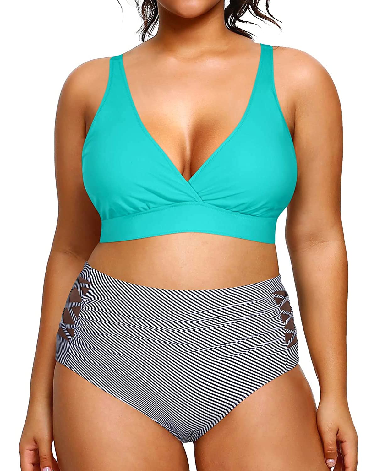 Yonique Womens Plus Size Bikini High Waisted Swimsuits Two Piece Bathing Suits Tummy Control Swimwear Green and Stripes 16Plus