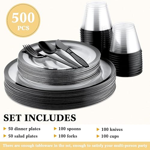 Miniatura 3 de Norme Juego de vajilla de plástico desechable de 500 piezas para 100 invitados, juego de vajilla desechable para cumpleaños, boda, fiesta de 100