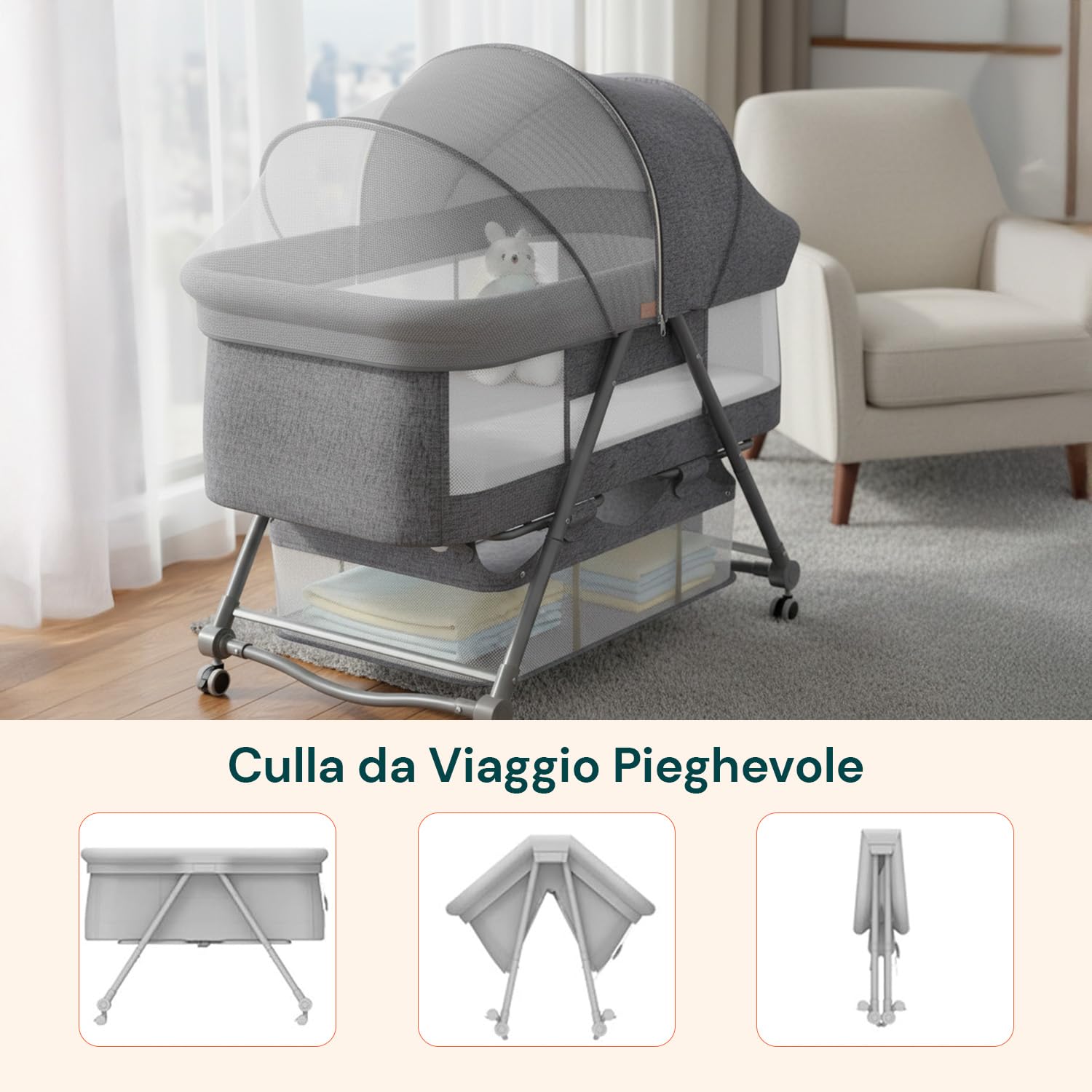 Avilia - Culla Neonato Pieghevole, Lettino per Bambini Co-Sleeping con Zanzariera Fotosensibile e Materasso Traspirante, Culla Fianco Letto Compatta e facile da Trasportare, Rapida Chiusura.