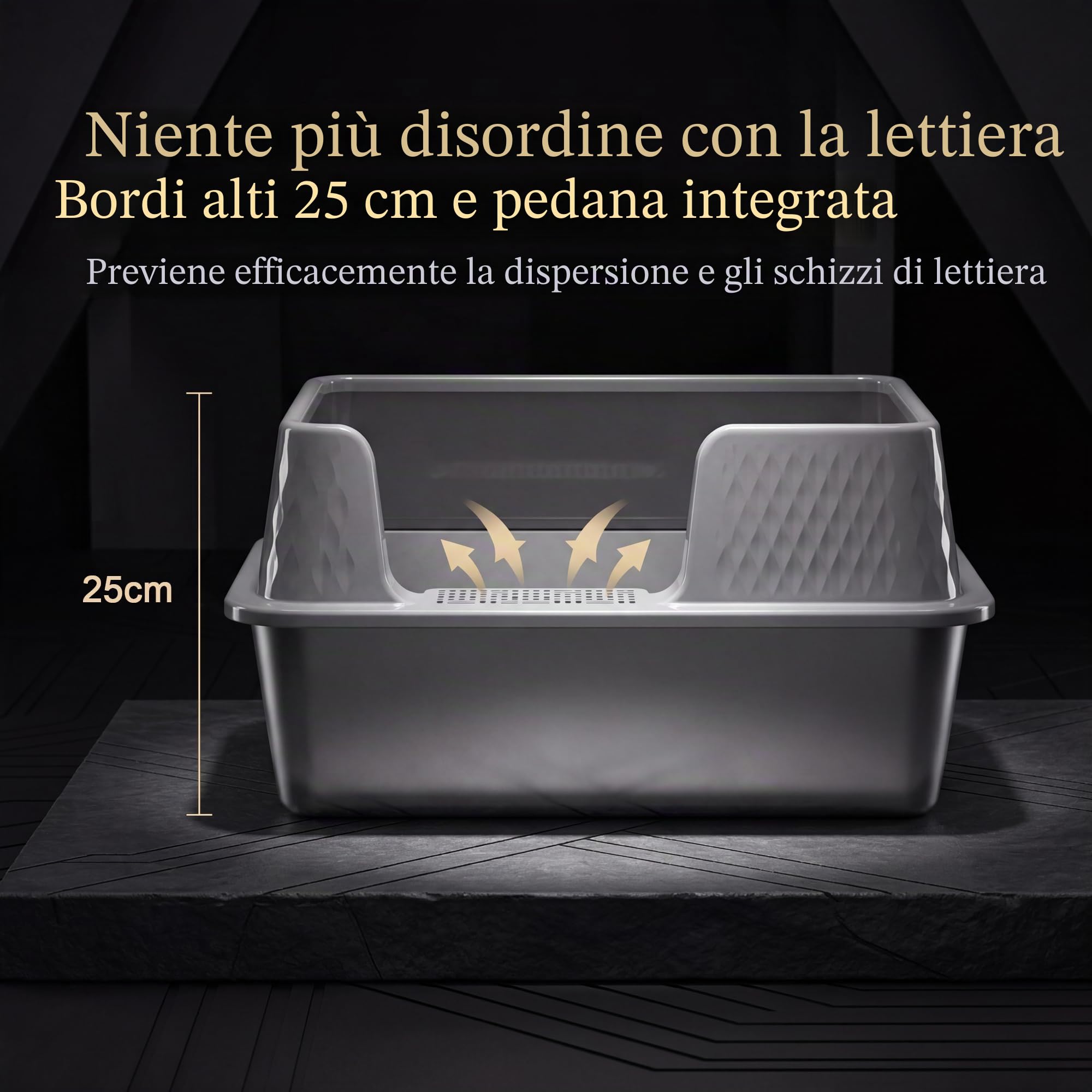 Suhaco Lettiera in Acciaio Inox per Gatti XL con Coperchio, Tappetino e Paletta - Lati Alti, Facile da Pulire (L, Grigio)