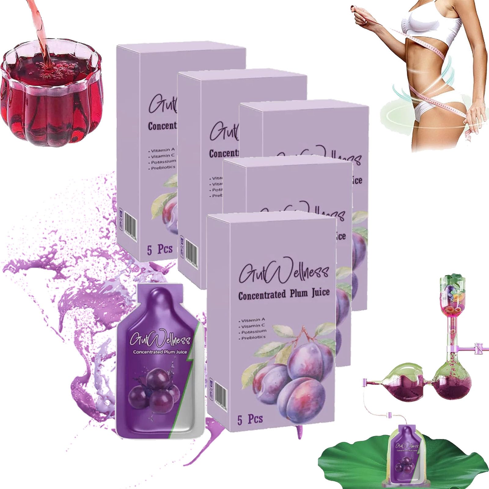 GutWellness Concentrated Plum Juice, 5Pcs/Box Prune Juice Organic, Prune Juice for Constipation for Adults, Suitable for Fat People with Big Belly (5Boxes)