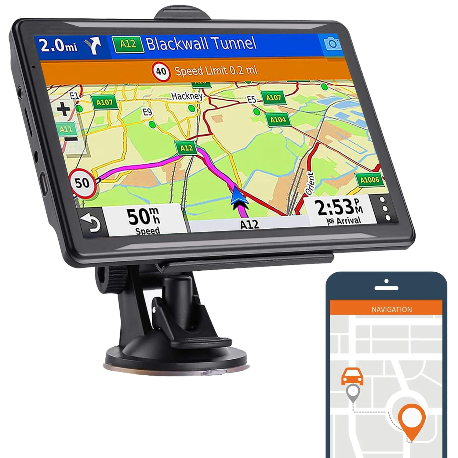 Sat Nav ANDUBEST GPS Navigator，Latest 2025 UK EU Map 7 inch Type-C Touch Screen Car GPS 256-16GB, Voice Turn Direction Guidance, Support Speed and Red Light Warning, Lifetime Free Maps Update