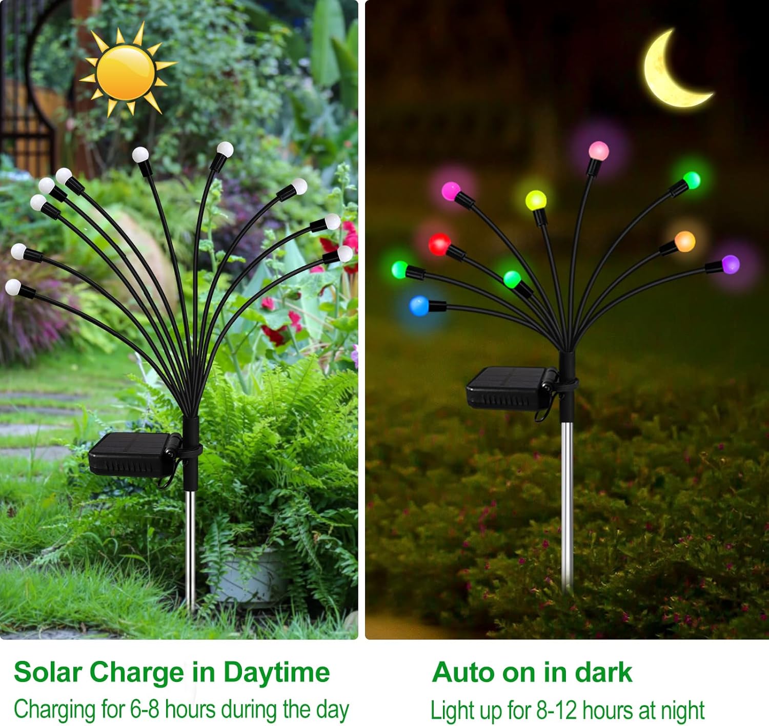 Kohlrabi 6 Pack 60 LED Solar Firefly Lights,4 Pack Warm White+2 Pack Multicolor