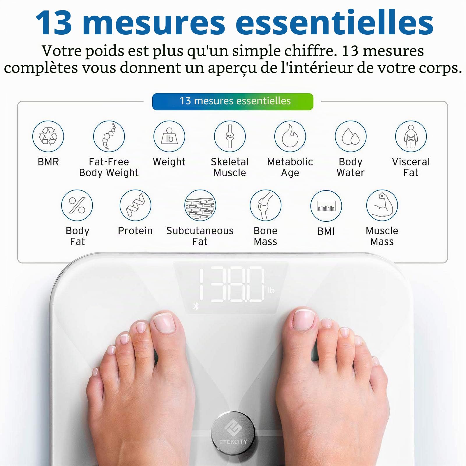 Etekcity Pèse Personne Impédancemètre, Balance Connectée, Pèse Personne Connecté Bluetooth Electronique, 13 Donneés Corporelles(Graisse/Eau/Osseux), Verre Conducteur ITO, Grande plate-forme 31x31 cm