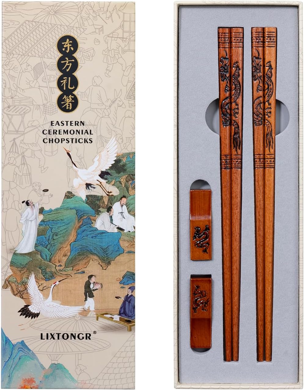 Reusable Wooden Chopsticks Set 2 Pairs - Hand-Carved Dragon Design Food-Safe Non-Toxic Japanese Korean Chopsticks with Non-Slip Grip Gift for Men Ideal for Asian Cuisines (9 Inch)