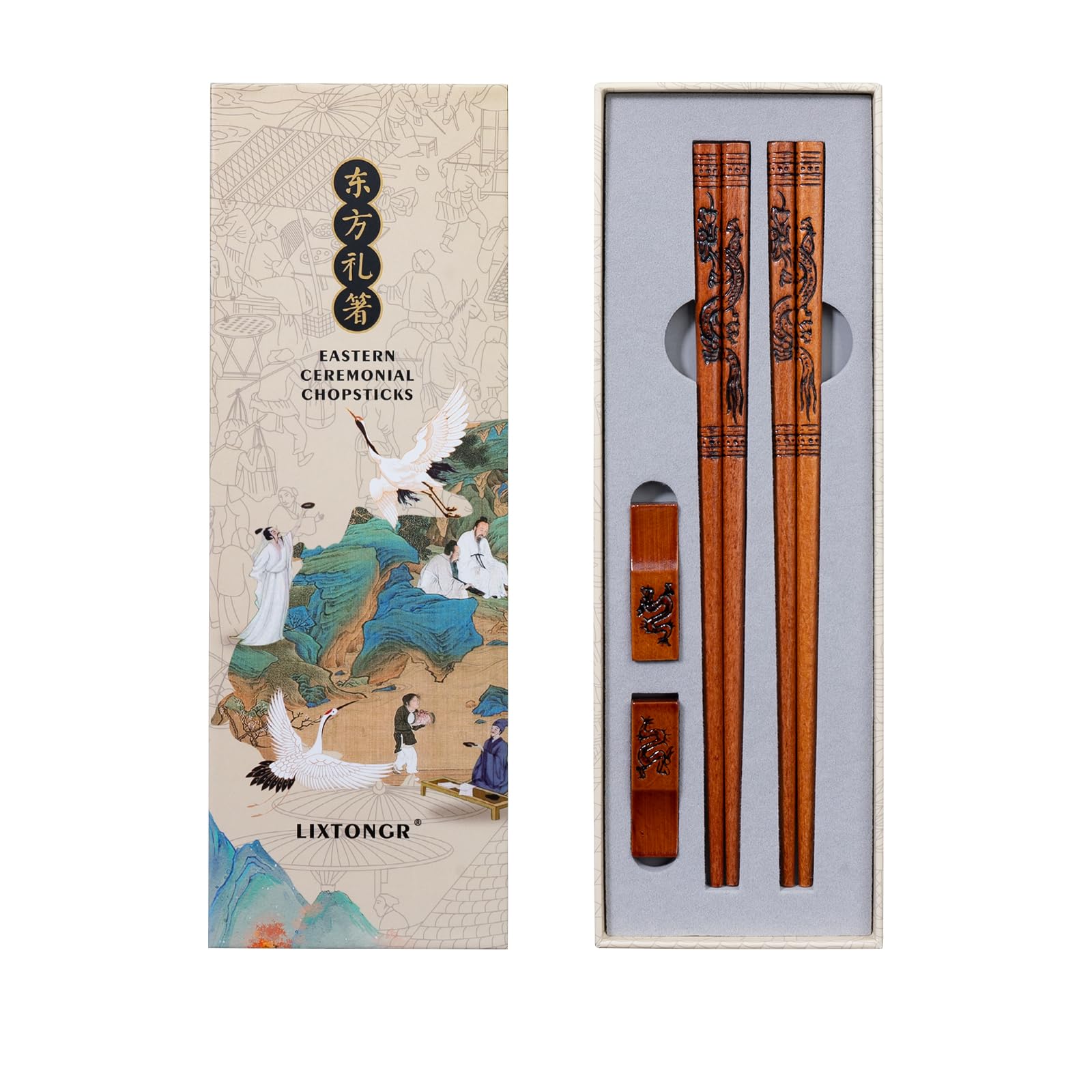 Reusable Wooden Chopsticks Set 2 Pairs - Hand-Carved Dragon Design Food-Safe Non-Toxic Japanese Korean Chopsticks with Non-Slip Grip Gift for Men Ideal for Asian Cuisines (9 Inch)