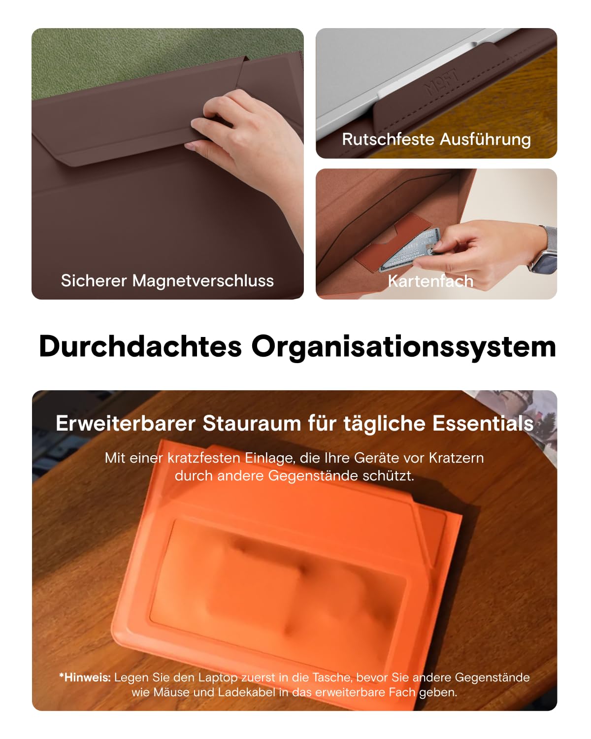 MOFT Laptoptasche Hülle & Laptop Ständer für 13-14 Zoll Laptop, Vegan Leder Laptoptasche mit Erweiterbarem Stauraum, 2 Verstellbare Winkel, Kompatibel mit MacBook Air/Pro 13-14 Zoll, Schwarz