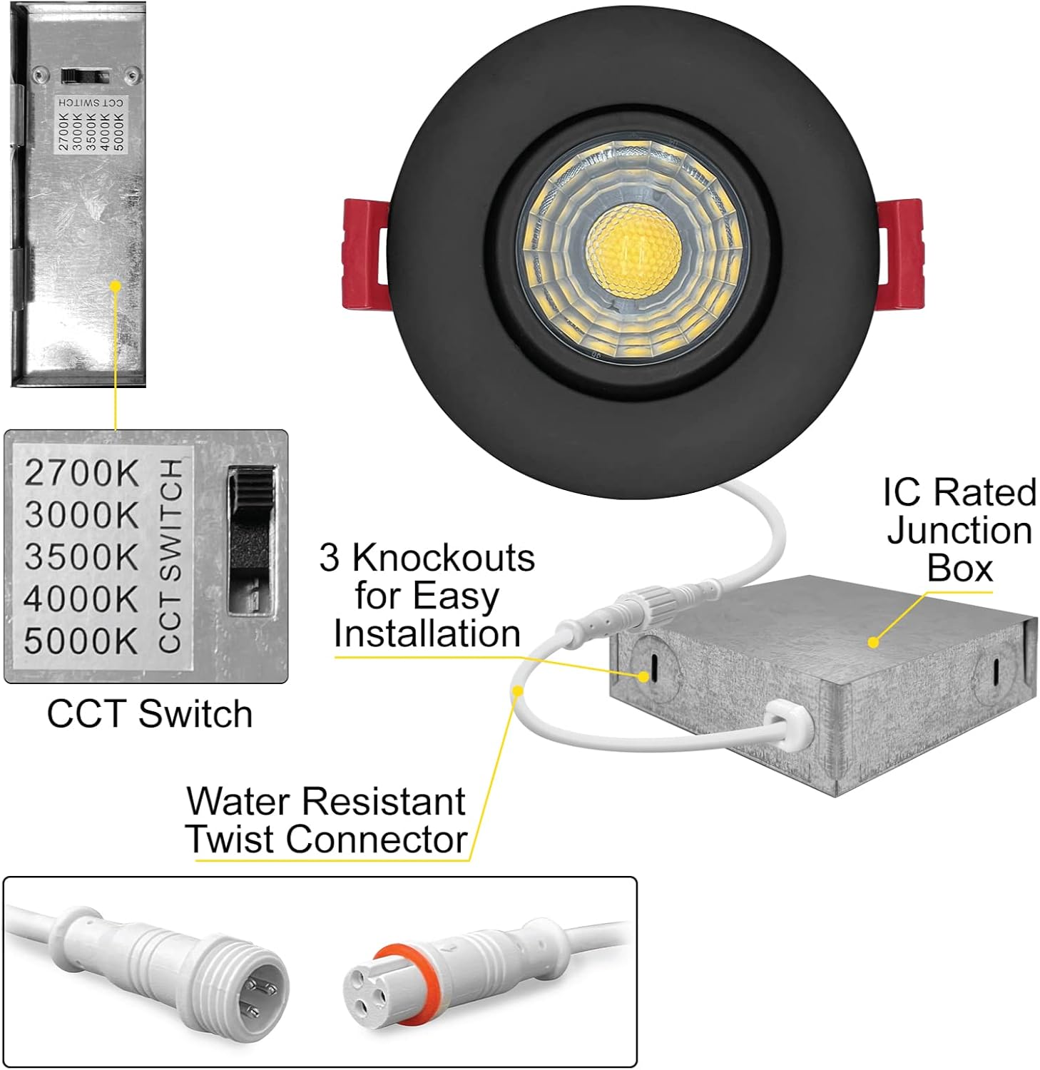 NUWATT 3 inch LED Gimbal Recessed Downlights (4 Pack) All in 1 Light, 5 CCT Switch 27k 30k 35k 40k 50k, 8W 600 Lumens, 120V - Dimmable, IP Rated, Black Finish