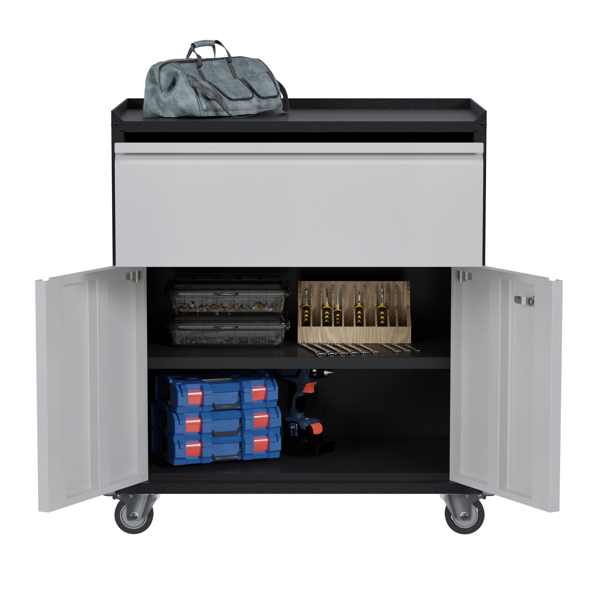 UINSOOMobile Metal Storage Cabinet with Wheels, Locking Doors and adjustble Shelf, Steel Filing Cabinet with 2 Doors and 1 Drawer for Home, Office, Room, Garage