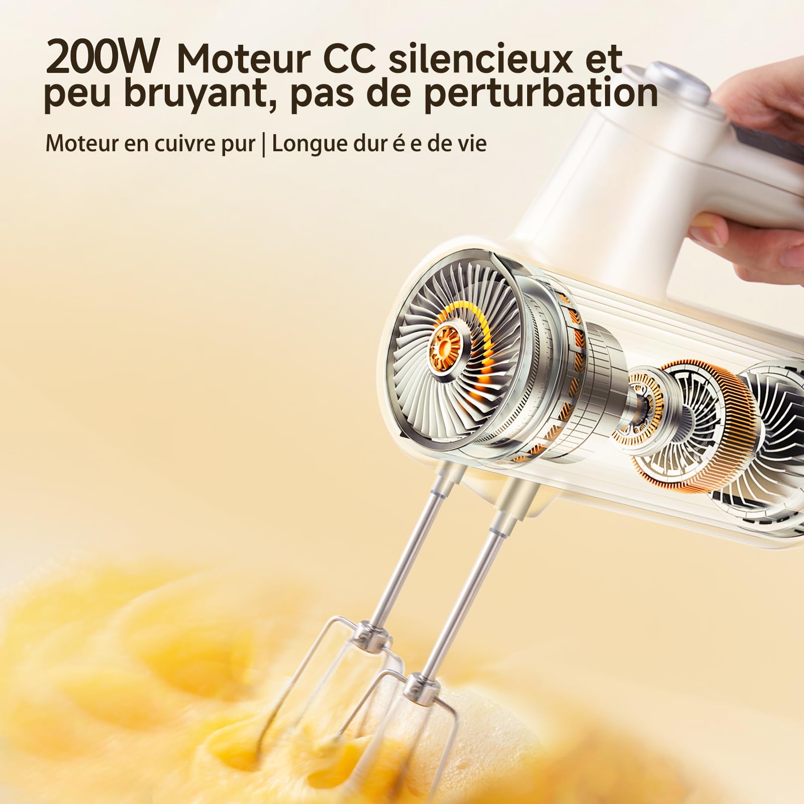 Mixeur rechargeable, moteur en cuivre pur de 200 W, 7 vitesses, batterie de 6000 mAh, libération des lames d'une simple pression, refroidissement par convection, socle avec compartiment de rangement