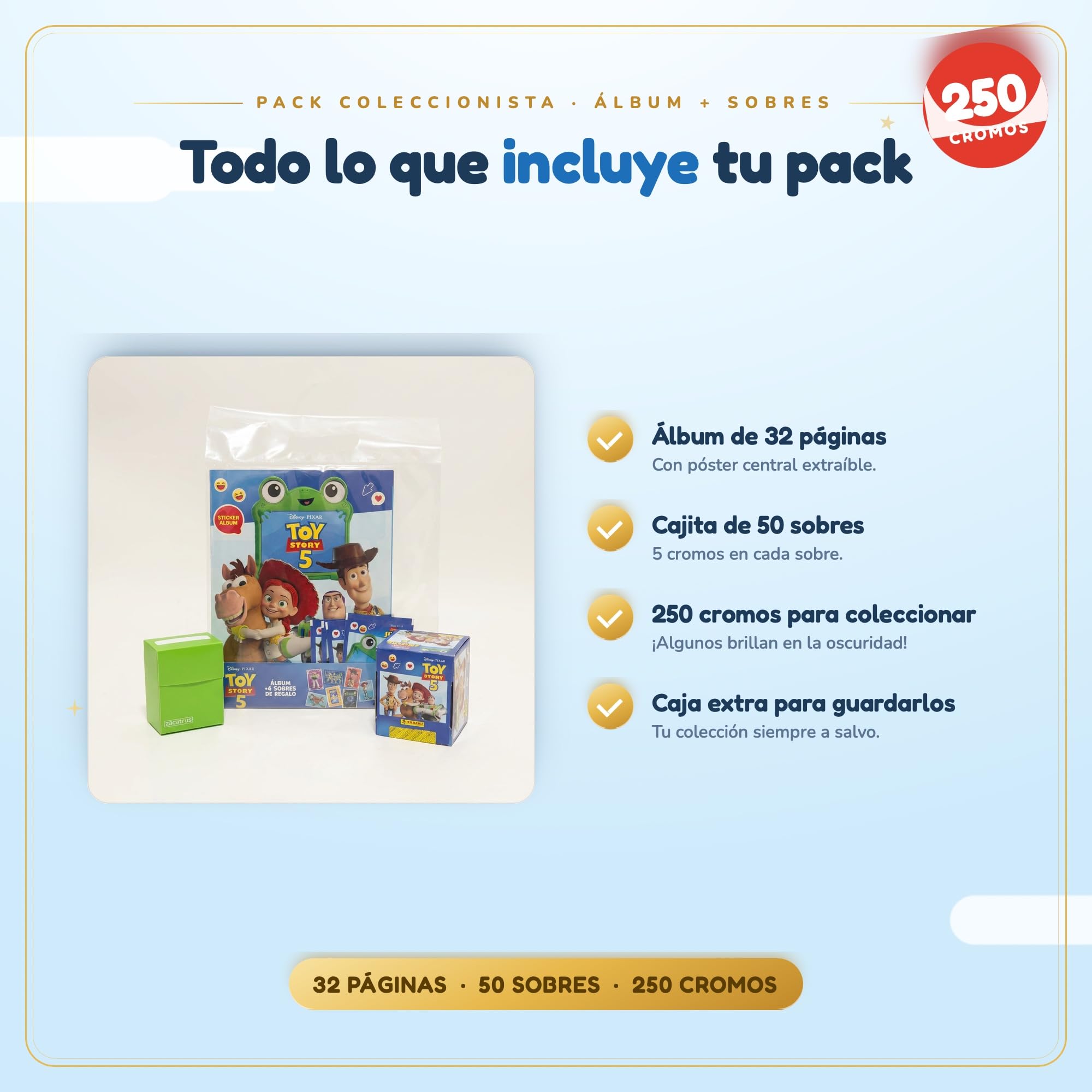 Panini Pack Coleccionista Toy Story 5, Álbum 32 Páginas + 50 Sobres (250 Cromos) y deckbox para repetidas