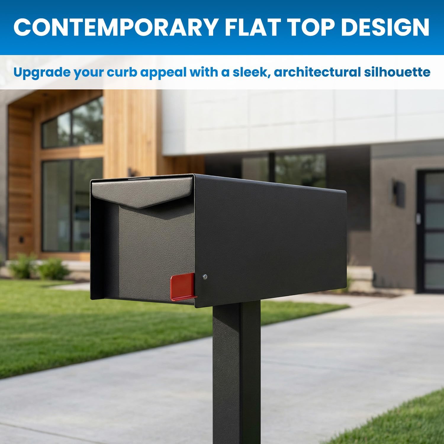 Plexon Modern Post Mount Mailbox, 1603 cu-in Capacity, Flat Top Architectural Design, Galvanized Steel Powder-Coated, 20.5 in. D x 8.5 in. W x 9.2 in. H, Matte Black