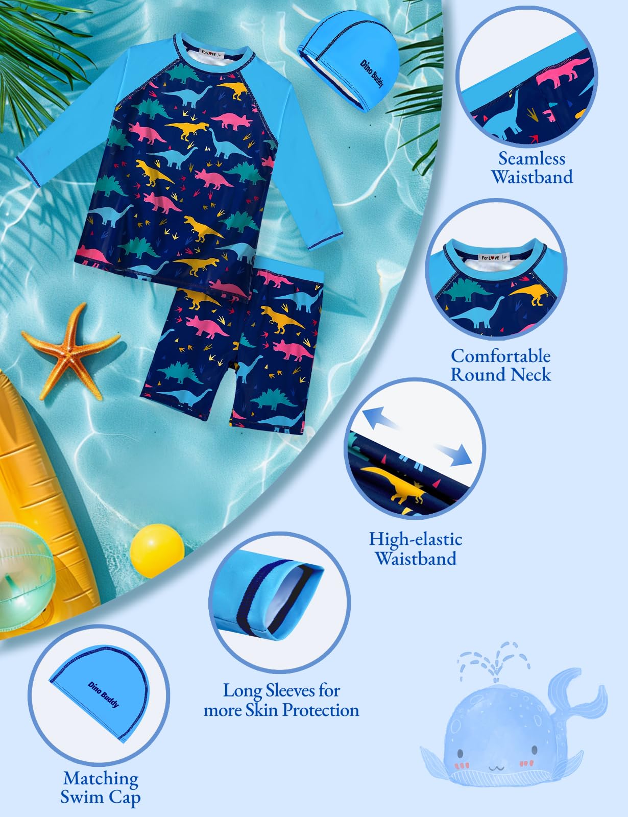 weVSwe Bañador para niño de 3 piezas, gorro de natación, protección UV, para playa, vacaciones y natación, 2-12 años