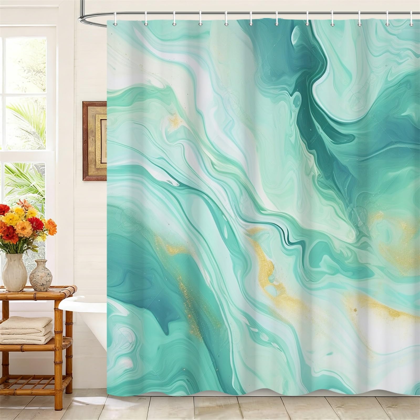 Kzzfqxb 90x183cm Shower Curtains with Plastic Hooks, Waterproof Occluded Green Marble Texture Milk-Flowing Lines Waterflow Art Pattern for Bath, Fresh Polyester Fabric for Bathroom Bathtub — image 1