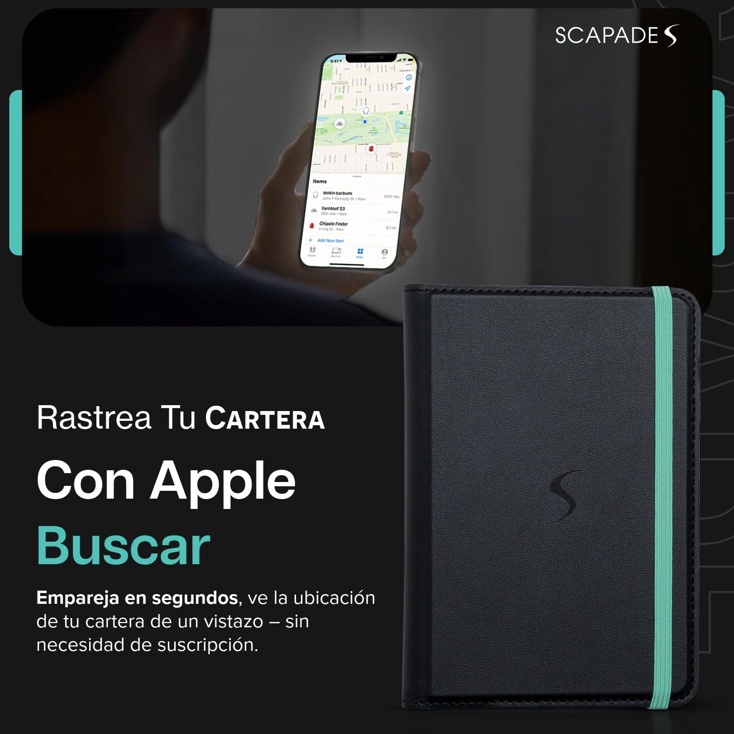 SCAPADE AirPass - Cartera para pasaporte rastreable, funciona con Apple Find My, batería recargable (5-6 meses), 3 ranuras para tarjetas, no necesita aplicación, elegante funda de viaje para usuarios