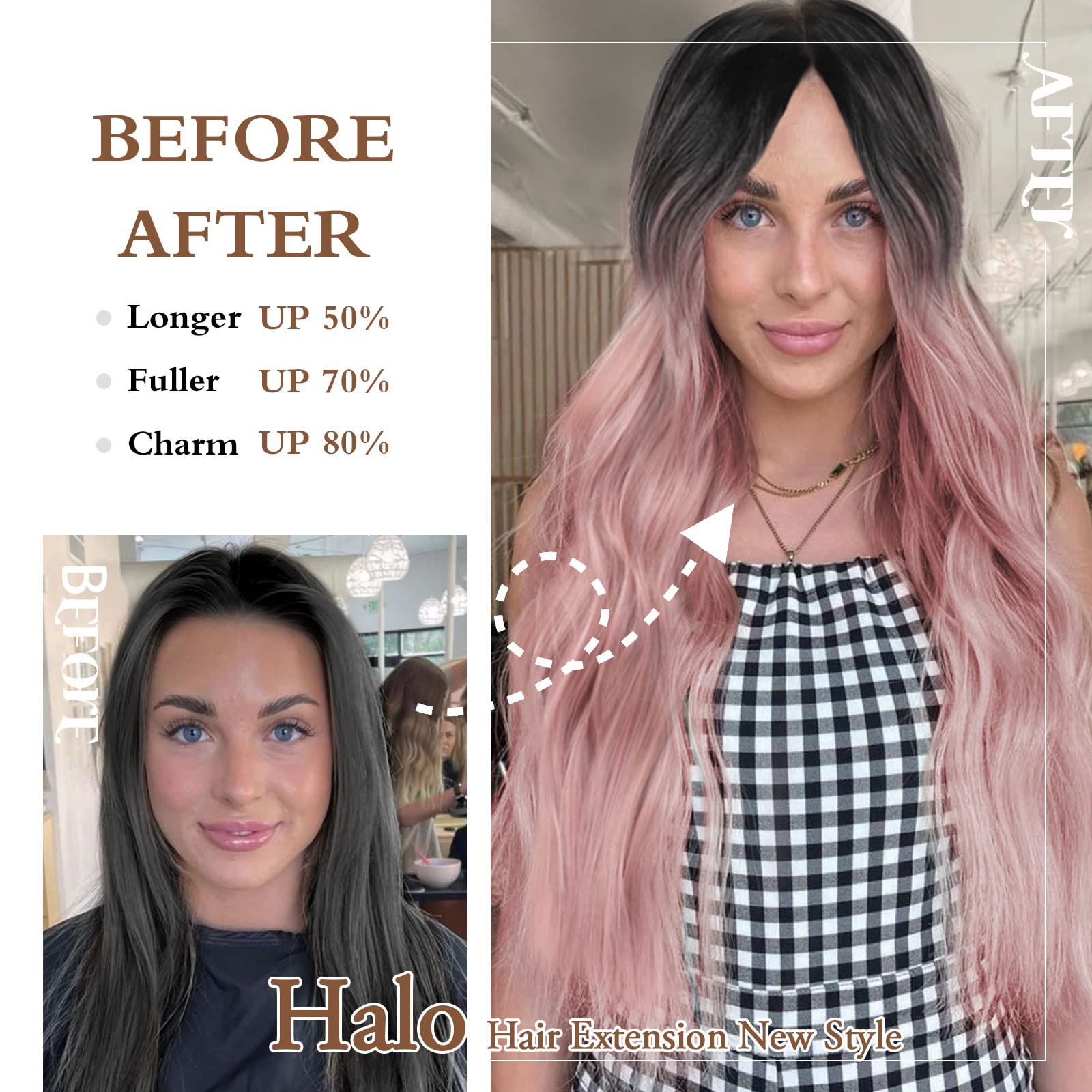 BUPPLER Halo Hair Extensions 20 Inch Invisible Wire Hair Extensions Adjustable Long Wavy Hairpiece Synthetic Upgrade 4 Secure Clips in Hairpieces 20 Inch,Black Brown to Pink Gray - Image 2