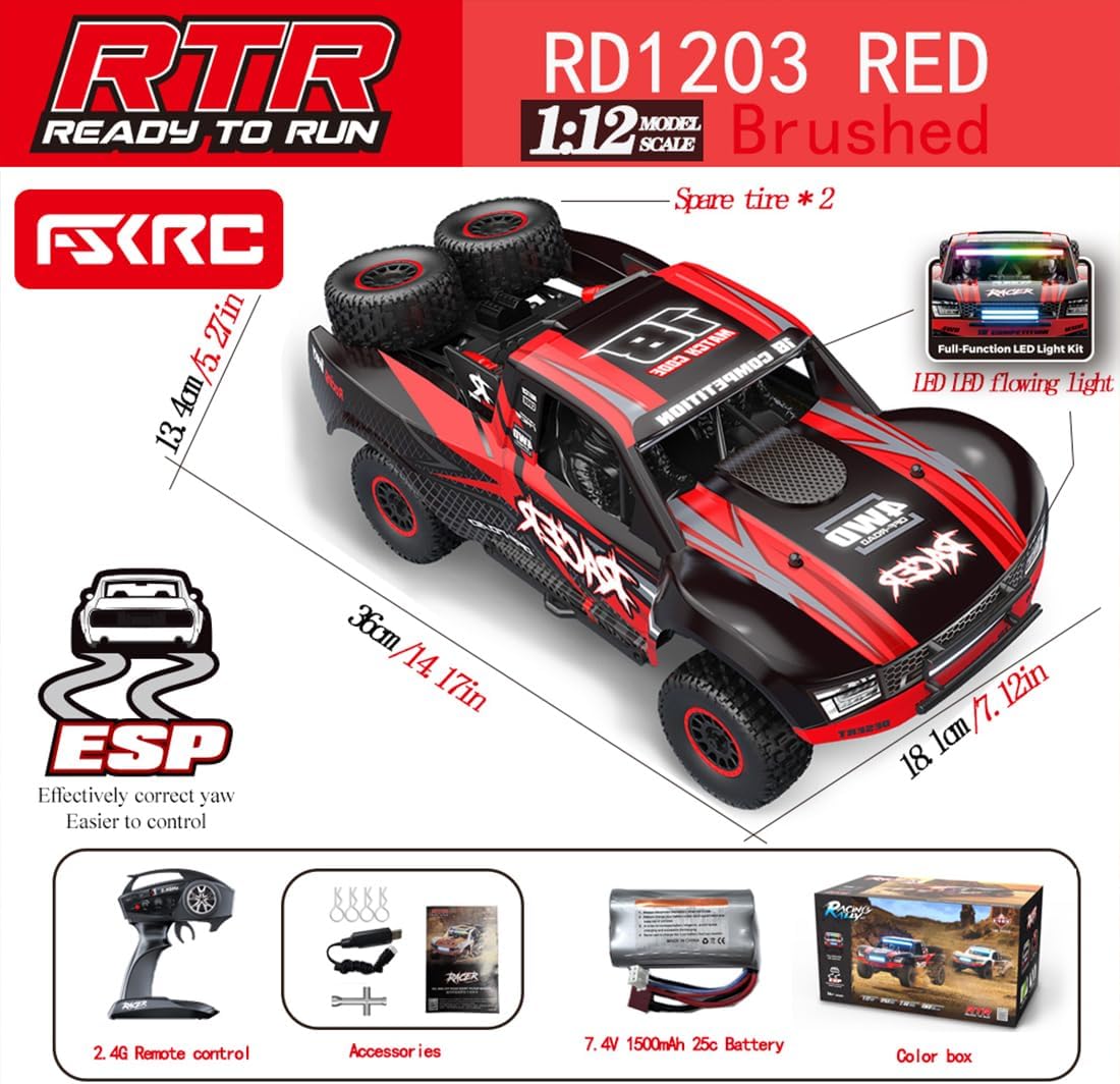 1/12 4WD RC Drift Car High Speed 30km/h, 2.4GHz Full Proportional Remote Control Car with Gyro Stabilization, 7-Color LED Lights, Off-Road Drift Vehicle RTR Gift for Adults Enthusiasts (Red)