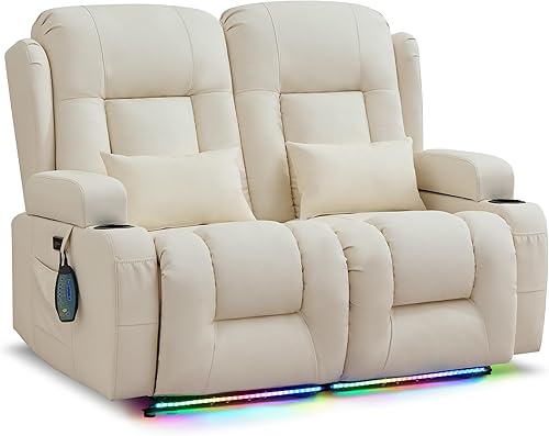 Miniatura 39 de URRED Sofá reclinable de dos plazas con masaje y calor, sofá biplaza reclinable eléctrico con consola, asiento de cine en casa con luces LED,