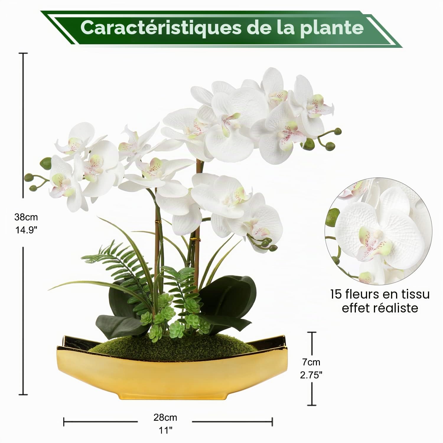 Briful Orchidée Artificielle Phalaenopsis en Pot doré - 38,1 cm - Fausse Fleur pour Centre de Table, Salon, décoration d'intérieur