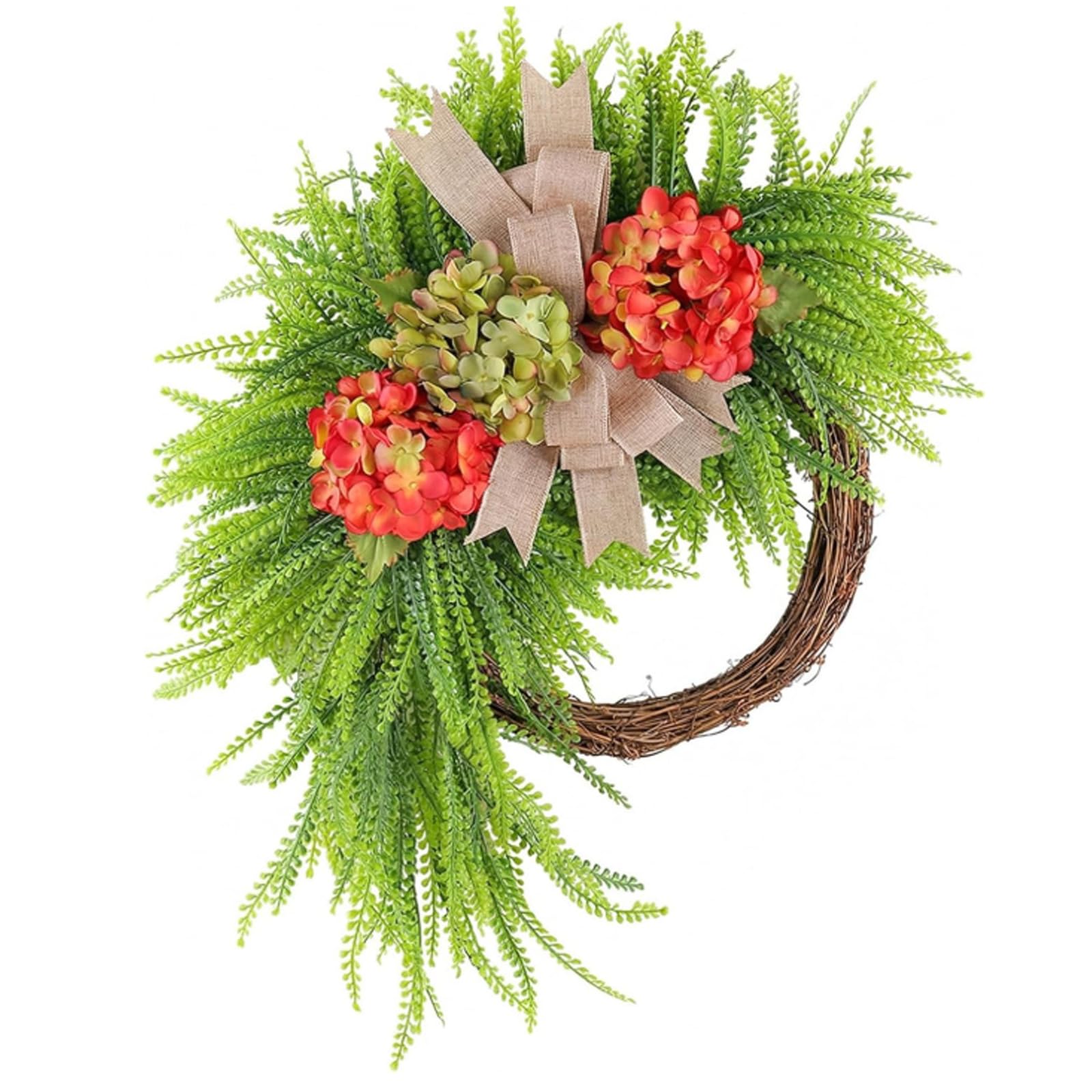 JORCEDI Door Wreath, 45cm/17.72inch Summer Wreaths for Front Door, Artificial Green Hydrangea Garland for Farmhouse, Wedding, Home, Window, Wall, Fireplace (red-green)