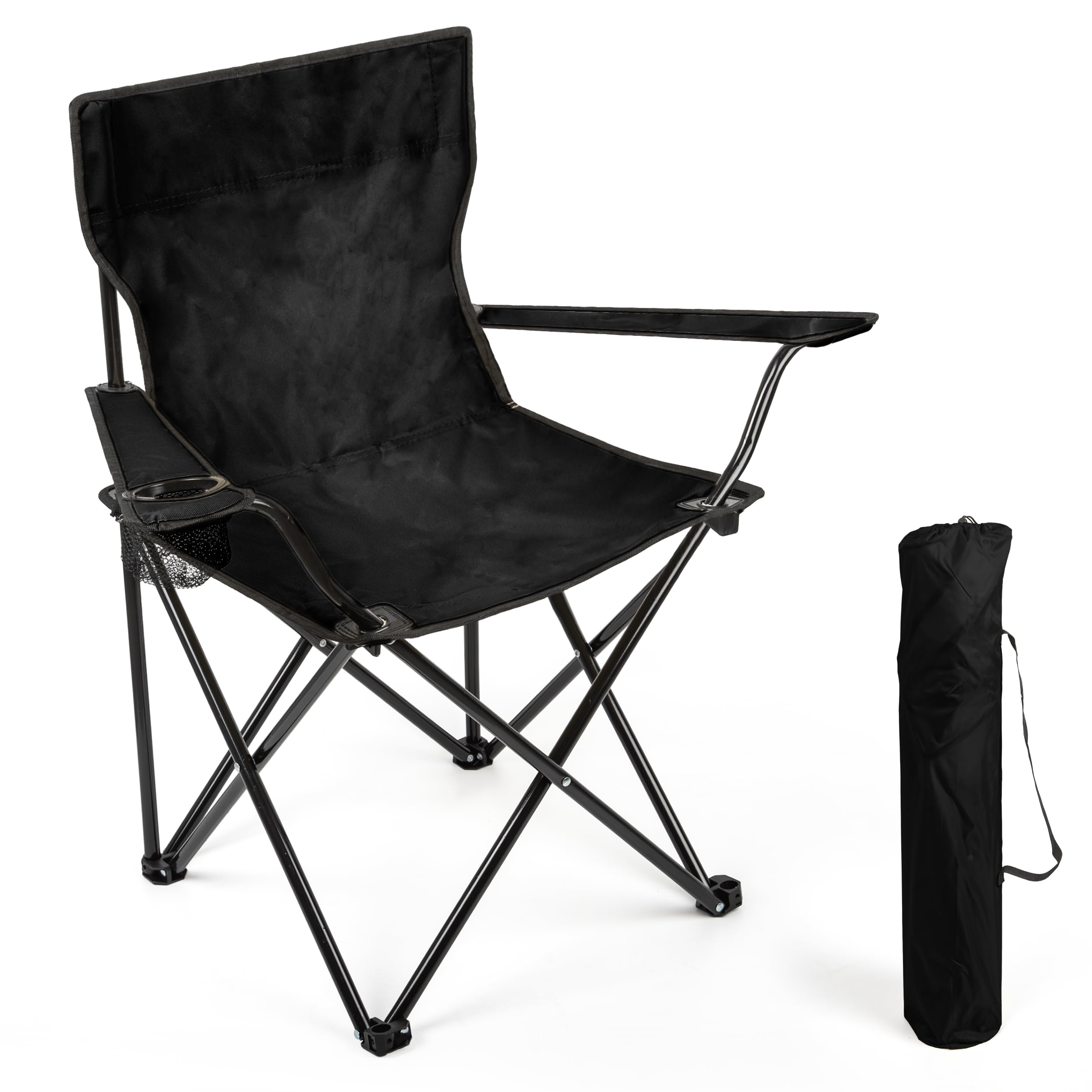 BESCH Silla Plegable para Camping de Acero con Portavaso 45x45x80cm Carga Máxima 110Kg - Silla para Exterior, Picnic, Jardín y Pesca (Negro)