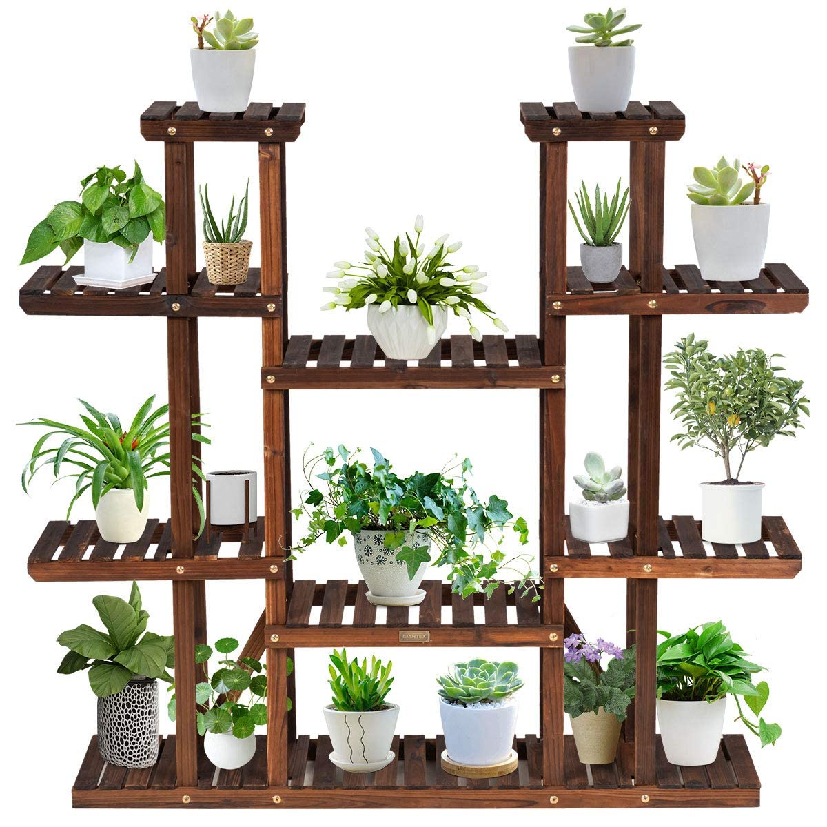 COSTWAY Pflanzenregal Blumenregal, Blumenständer Holz, Blumentreppe Garten, Pflanzentreppe mehrstöckig, Holzregal (9 Etagen / 125x25x114cm)