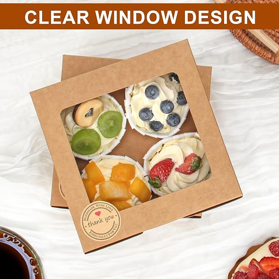 OAMCEG 50 PCS Cupcake Boxes with Window & Insert 6x6x3 Inch Kraft Cookie Containers 4 Cavity Bakery Pastry Cake Dessert Treat Boxes for Packaging, Cupcake Carrier Holders with Stickers & Jute Twine