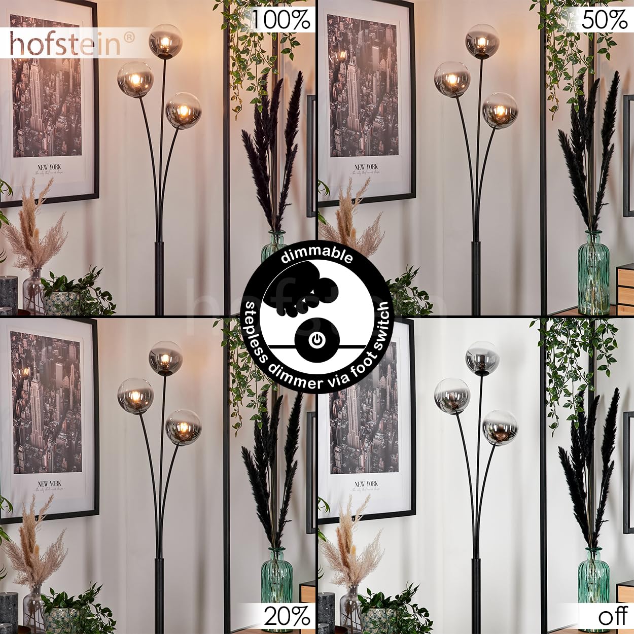 Stehleuchte Bernado, Stehlampe aus Metall/Glas in Schwarz/Rauchfarben/Klar, Leuchte im modernen Retro/Vintage-Design mit Schirmen aus Glas (Ø 12cm), dimmbar über Fußschalter, 3x G9, ohne Leuchtmittel