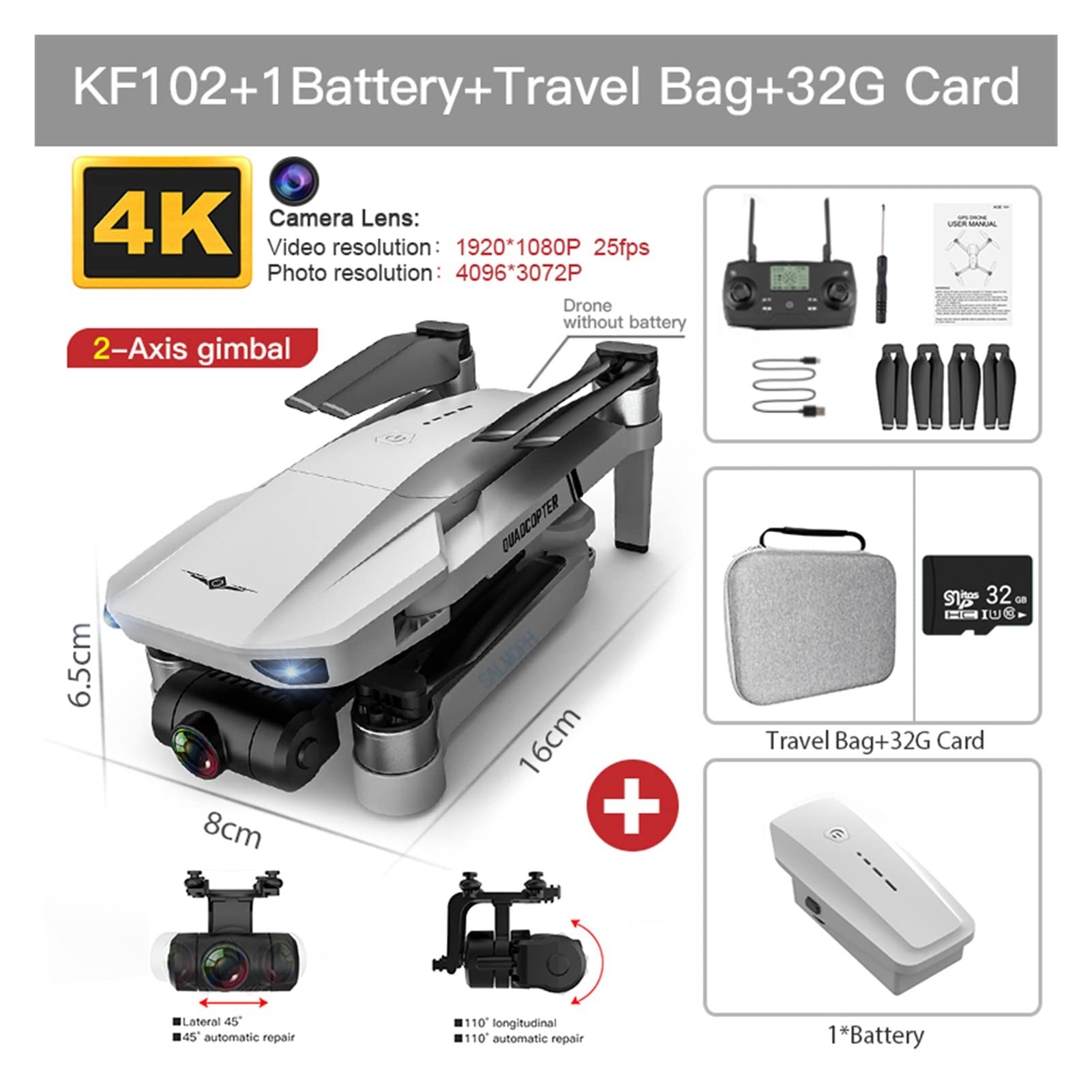 MAX Drone 4K Profesional z kamerą HD 5G WiFi GPS 2- Anti-Shake Gimbal Quadcopter Bezszczotkowy mini dron KF102 4k Dron (Kolor: KF102 1B Torba 32G)