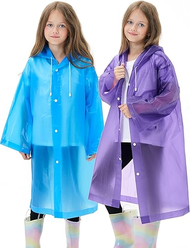 Paquete de 2 impermeables impermeables para niños, reutilizables, ponchos de lluvia EVA, chaqueta de lluvia de emergencia para niños, niños y niñas