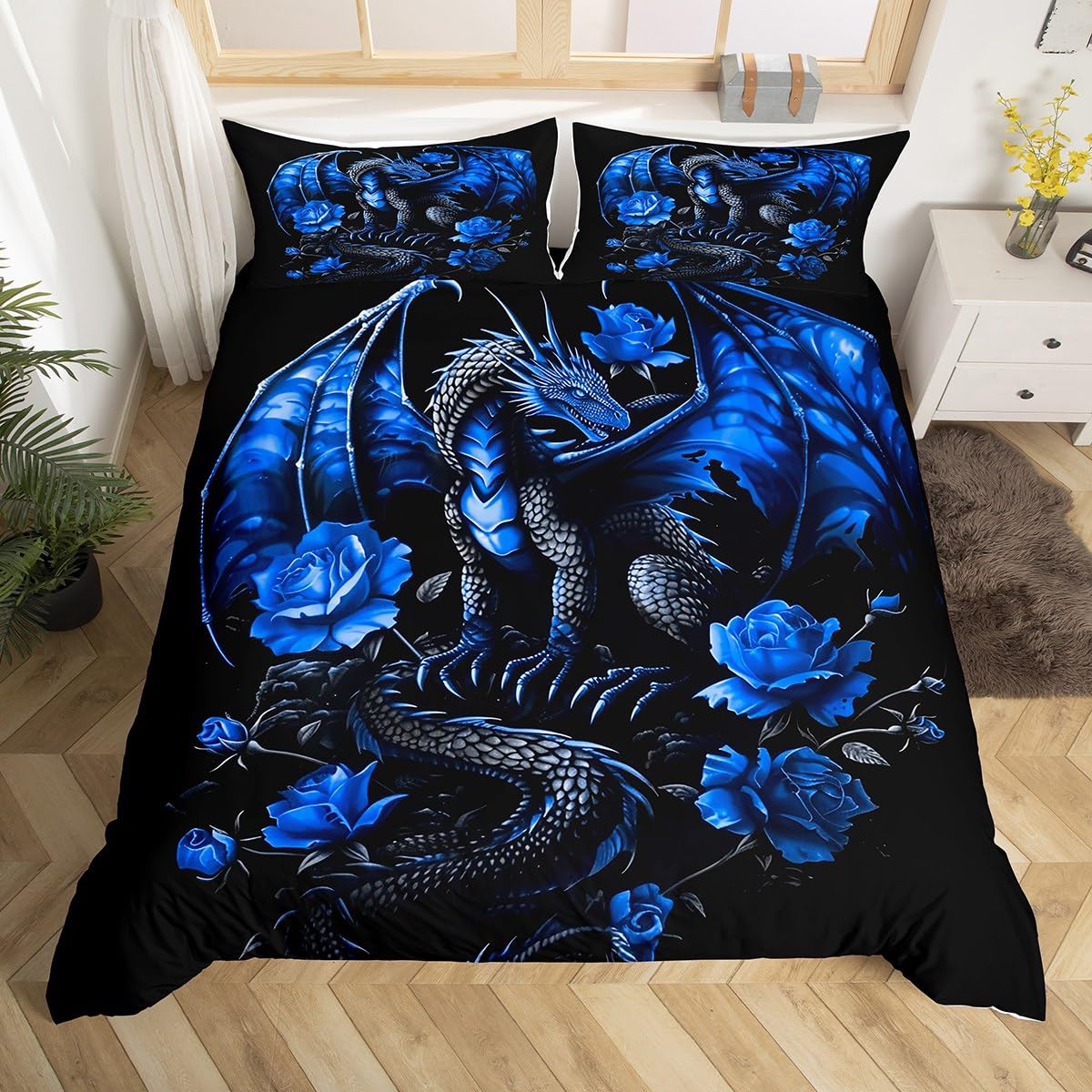Homemissing Blue Rose Dragon Duvet Cover Grey Black Dragon Teens Women Bedding Set for Kids Boys Girls Floral Flower Decor Comforter Cover Romantic Bedspread Cover 3Pcs King Size