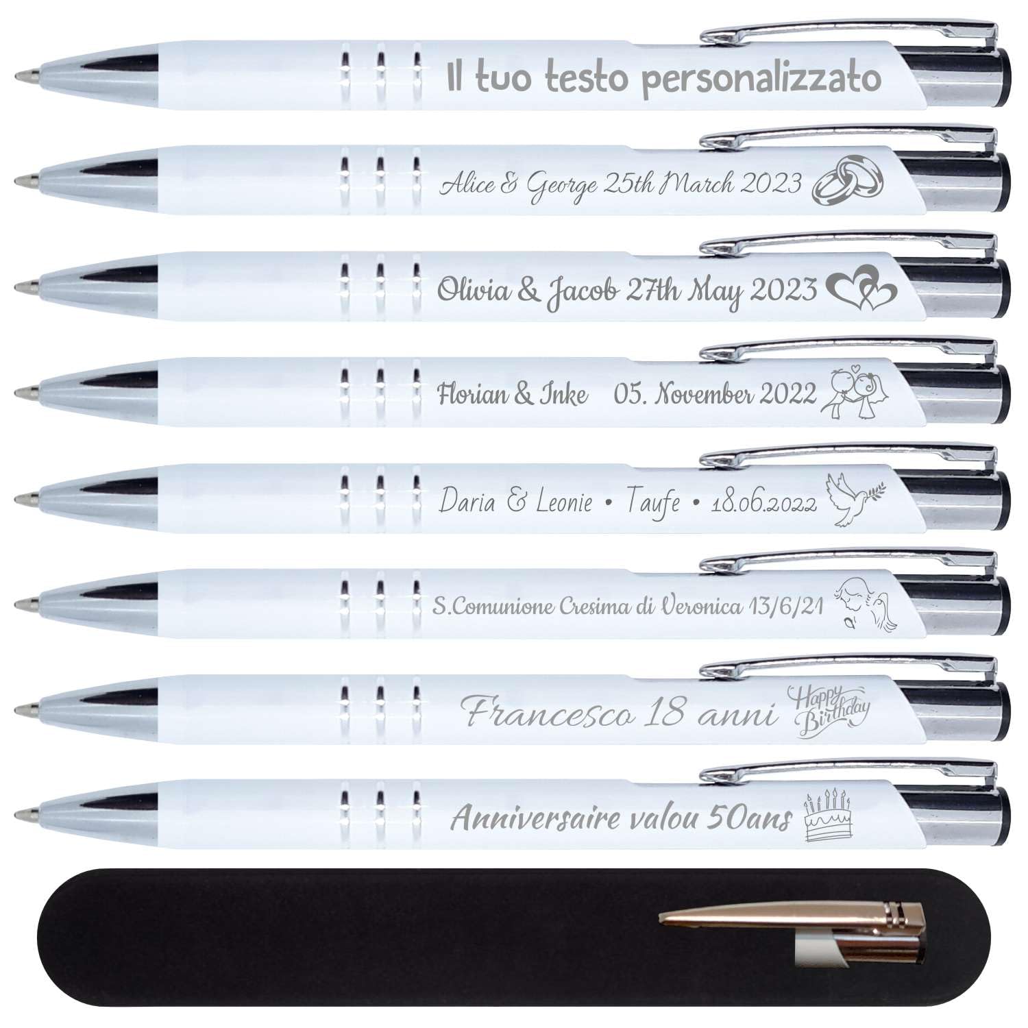 Penna personalizzata in metallo - Quantità 50 - Perfette come regalo personalizzato per gli ospiti di matrimoni, comunioni e compleanni o come Gadget Pubblicitario. (Bianco)