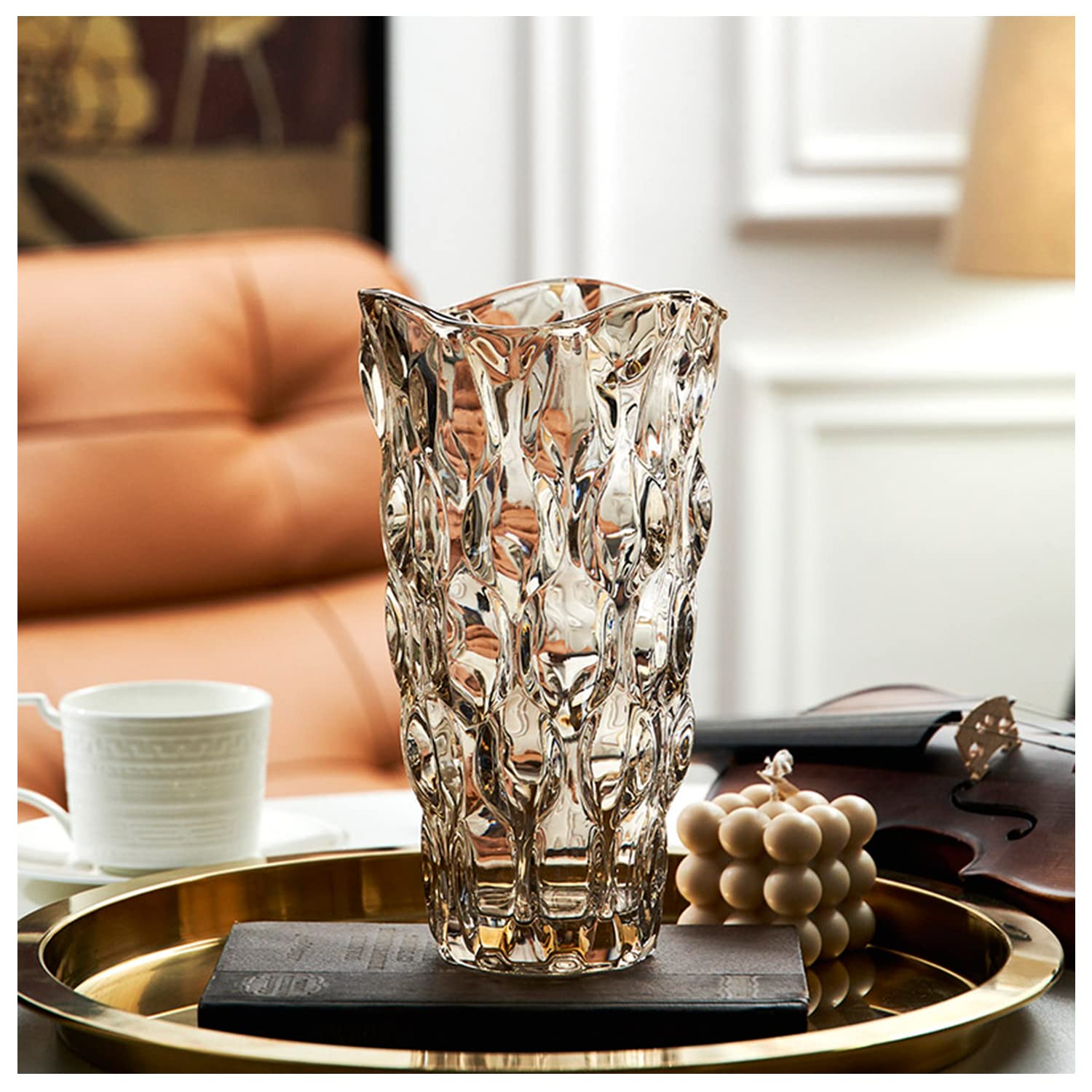 Modern Crystal Clear Glass Vase for Flower Tall Home Centerpieces Decoration (Brown)
