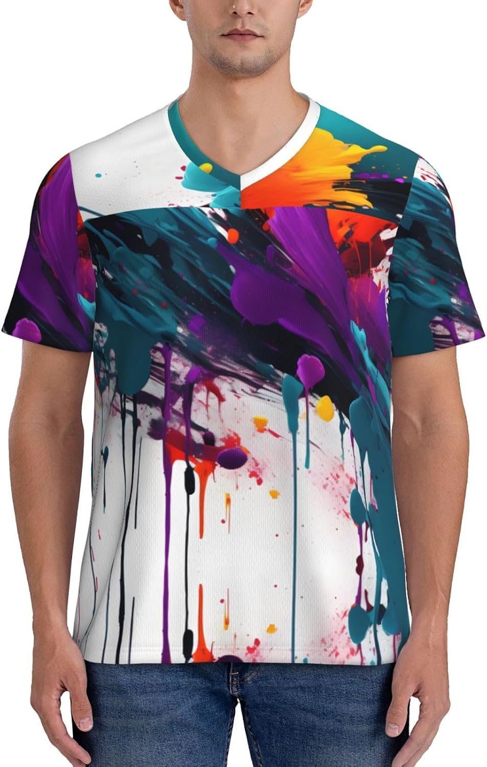 Paint Splatter Rugby Football Jersey for Men, Comfortable V-Neck Loose Fit Top for Team Sports Athletics